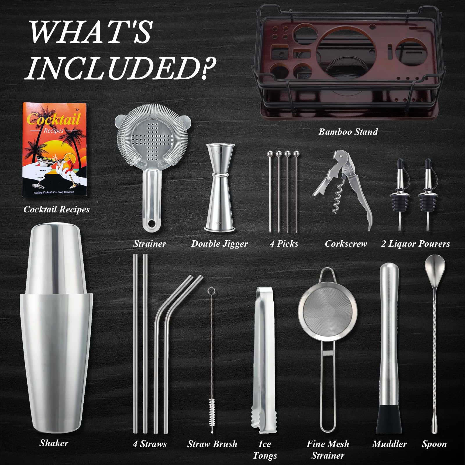 Kit cocktail da 20 pezzi in acciaio inox 825ml con supporto, Boston shaker cocktail set con dosatore misurino cocktail, kit barman professionale completo per casa e bar, regali per papà (argento)
