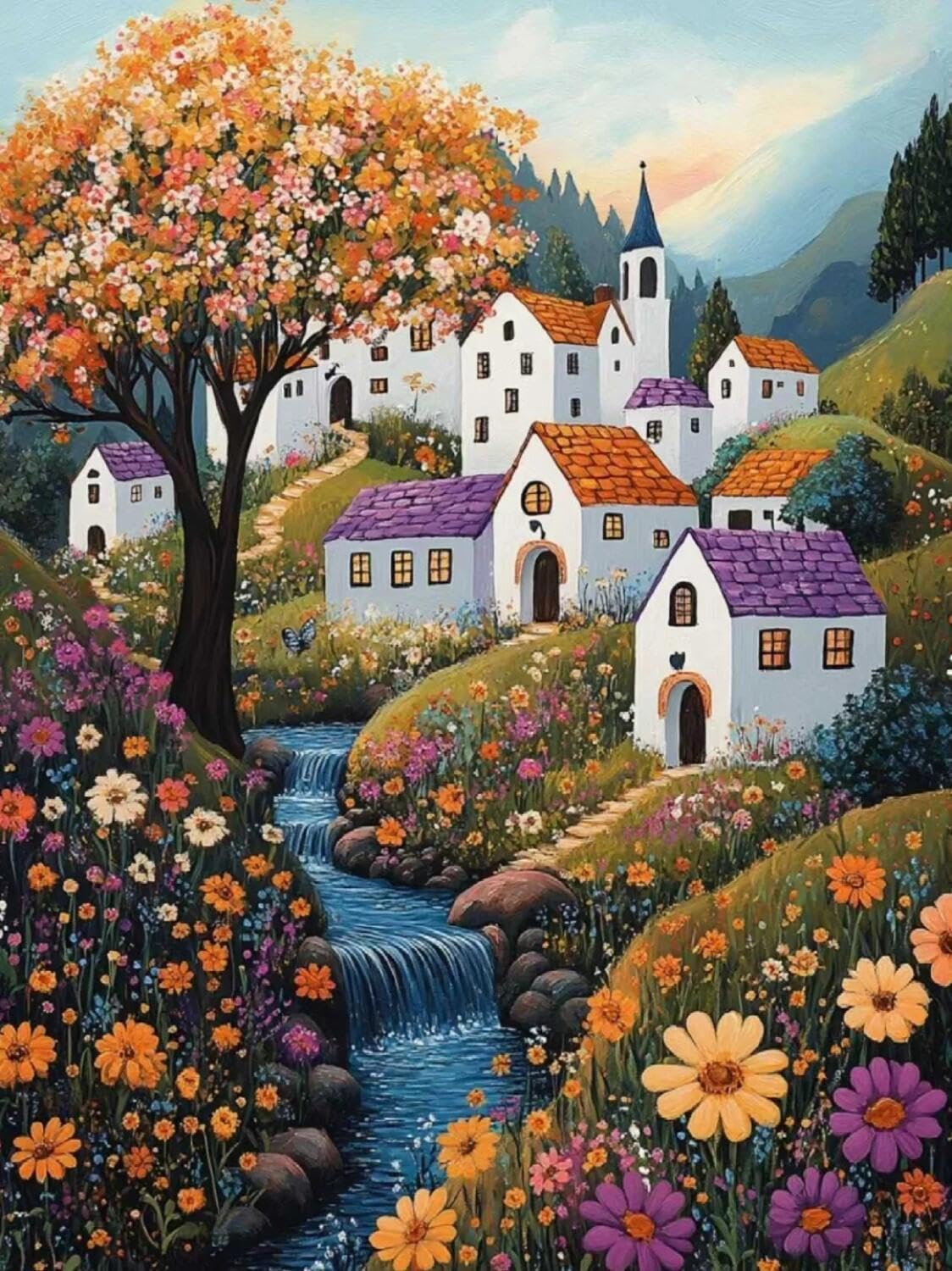 Rqwybcaxn Stamped Beaded Cross Stitch Kits Colorful Houses 40x50cm