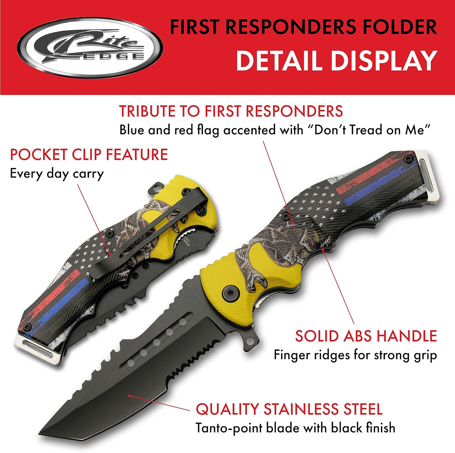 SZCO Supplies 8.5” First Responders Folding Knife – Assisted Open Tanto-Point EDC Utility Knife with Liner Lock, Serrated Stainless Steel Blade, Pocket Clip, and Flag Tribute Handle