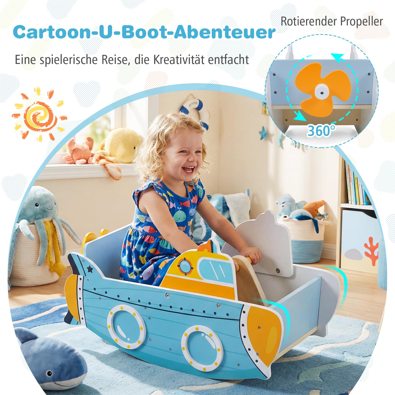 COSTWAY Schaukelboot Kinder ab 1 Jahr, Schaukelpferd Holz mit nautischem Design, drehbarem Propeller, Birkenholz-Griffe & breiter Sitz, Baby Schaukelspielzeug, Schaukelwippe, belastbar bis zu 20 kg