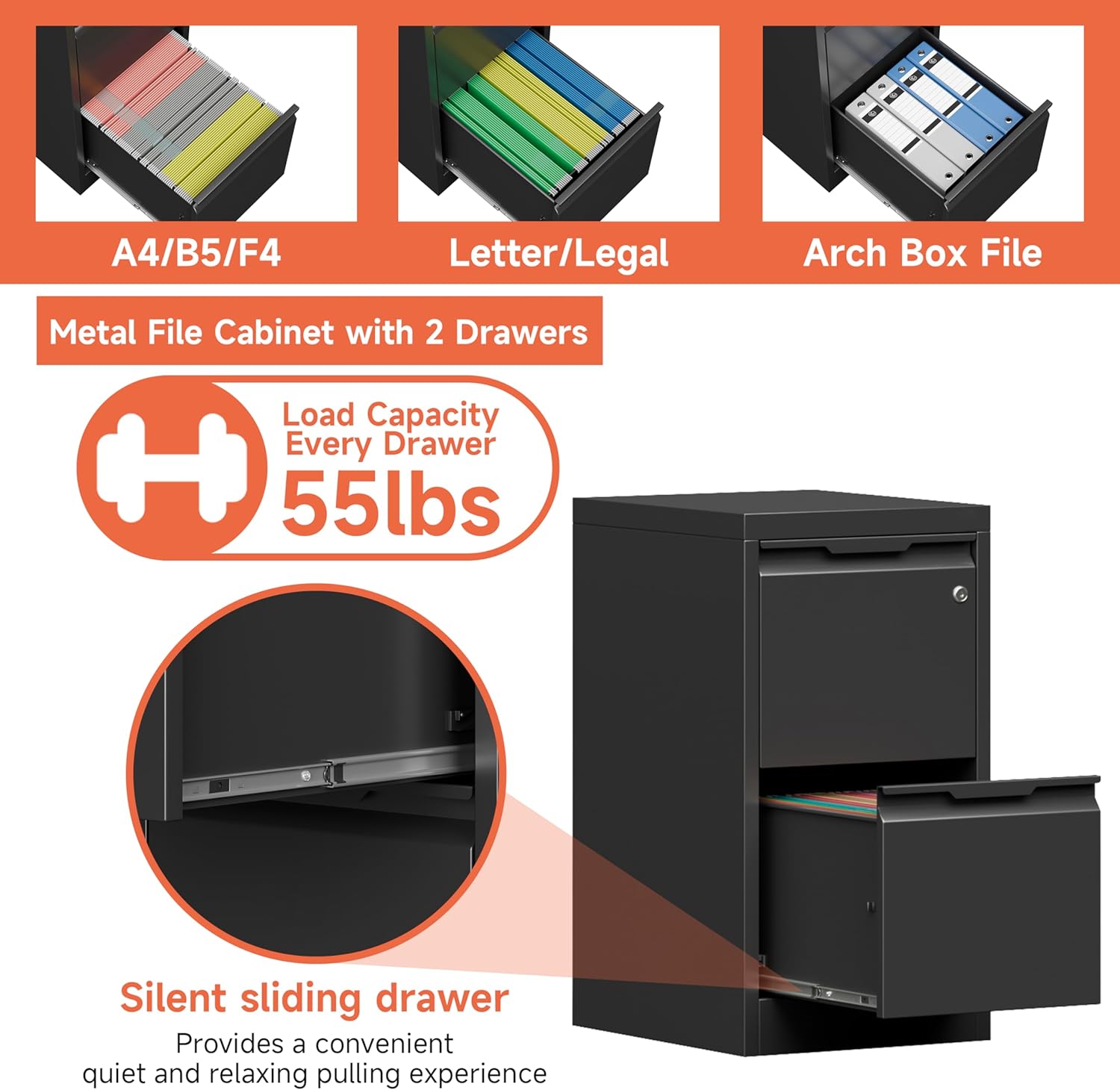 2 Drawer File Cabinet with Lock,Black Metal Filing Cabinets,Steel Vertical Fit Hanging Files, Letter,File Box and A4 Documents-Assembly Require