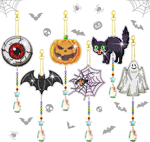 Tradder 6 piezas de manualidades de Halloween para adultos, pintura de diamantes de imitación, campanillas de viento fantasma, campanas de arte de