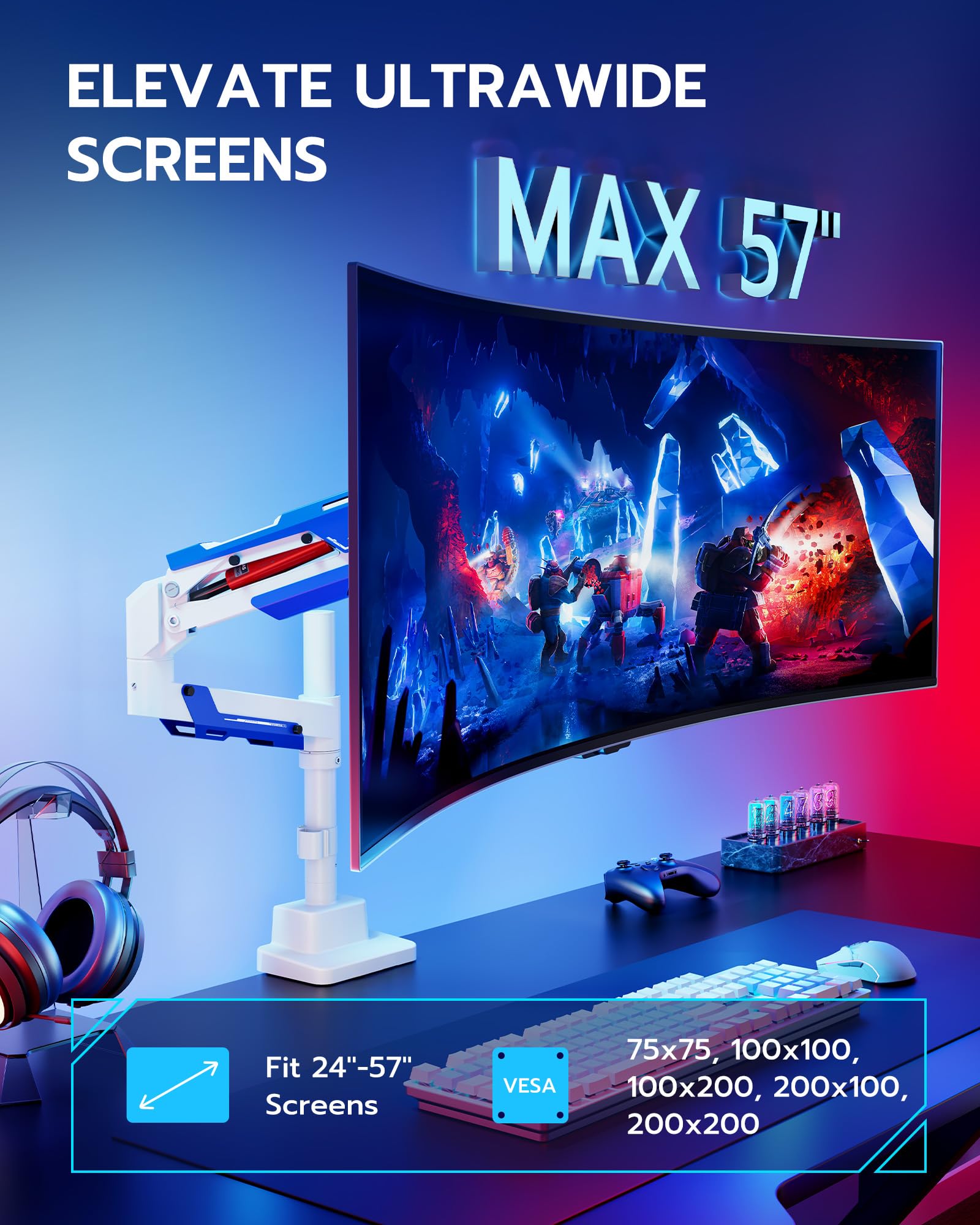 ARES WING Supporto per monitor per schermo da 24 – 57", Bianco | resistente supporto per monitor fino a 30 kg, braccio per monitor da gioco con asta, VESA Max 200 x 200