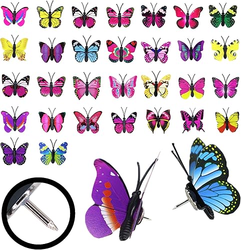 Sohalejr 30 piezas de alfileres decorativos con diseño de mariposas, tachuelas planas para tablón de anuncios, fotos, mapas de pared y otras