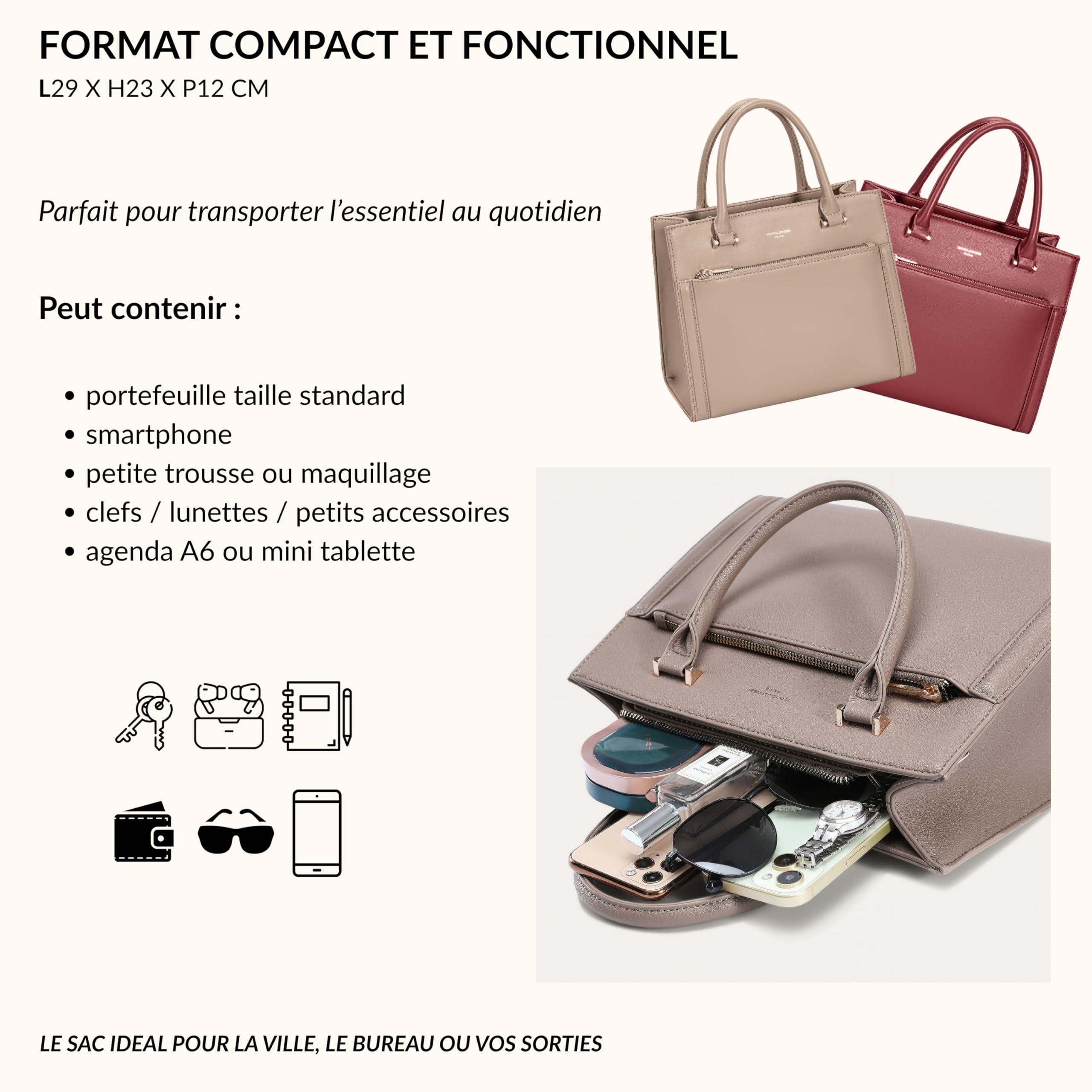 David Jones Paris - Bolso de mano para mujer y ciudad, tamaño mediano, piel sintética, doble compartimento y bolsillos de plumero – Chic Clásico elegante práctico
