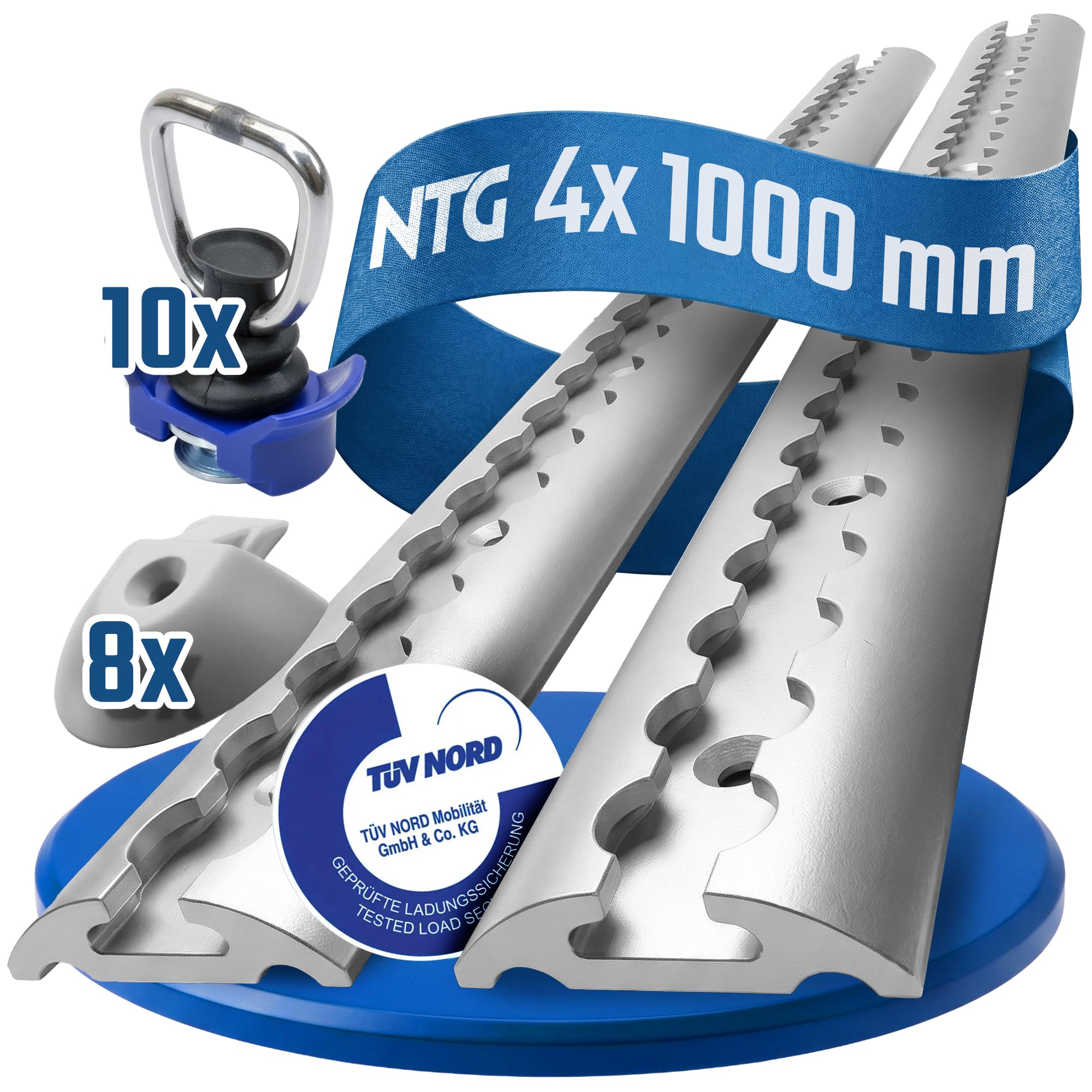 NTG Airlineschiene 4 STK 1m / 1000mm halbrund Alu m. 10 Fittings und 8 Endkappen -TÜV Zertifiziert- Sparsetauswahl Anhängerzubehör Ladungssicherung Aluschiene LKW - m. Bohrungen Silber eloxiert
