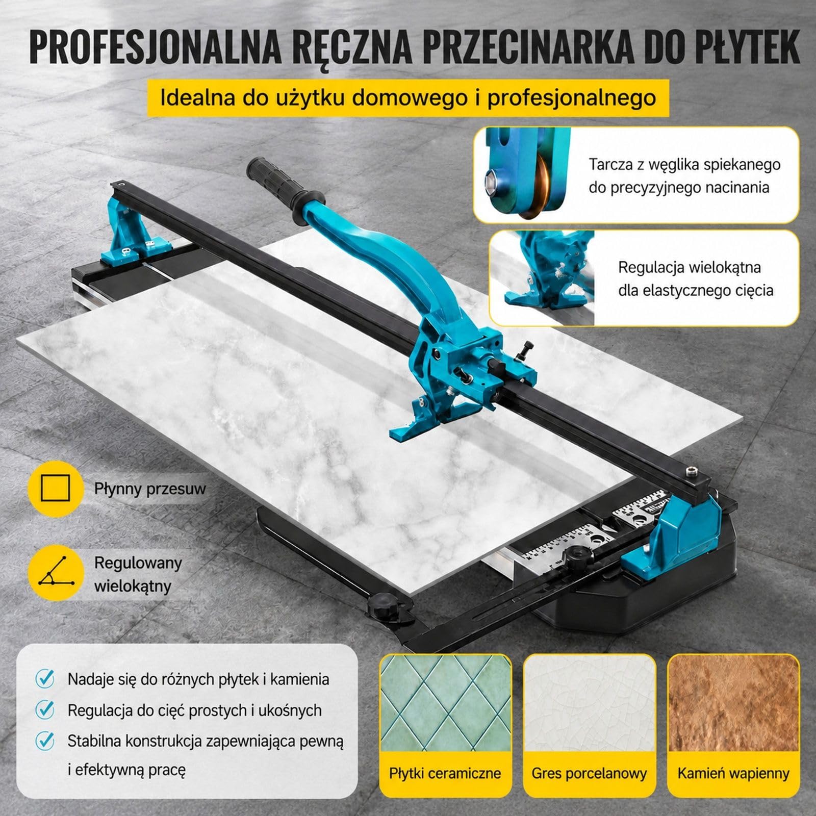 Ręczna przecinarka do płytek z aluminium, dwutorową szyną prowadzącą, pozycjonowaniem laserowym, antypoślizgowym uchwytem i regulowaną skalą do płytek ceramicznych i podłogowych
