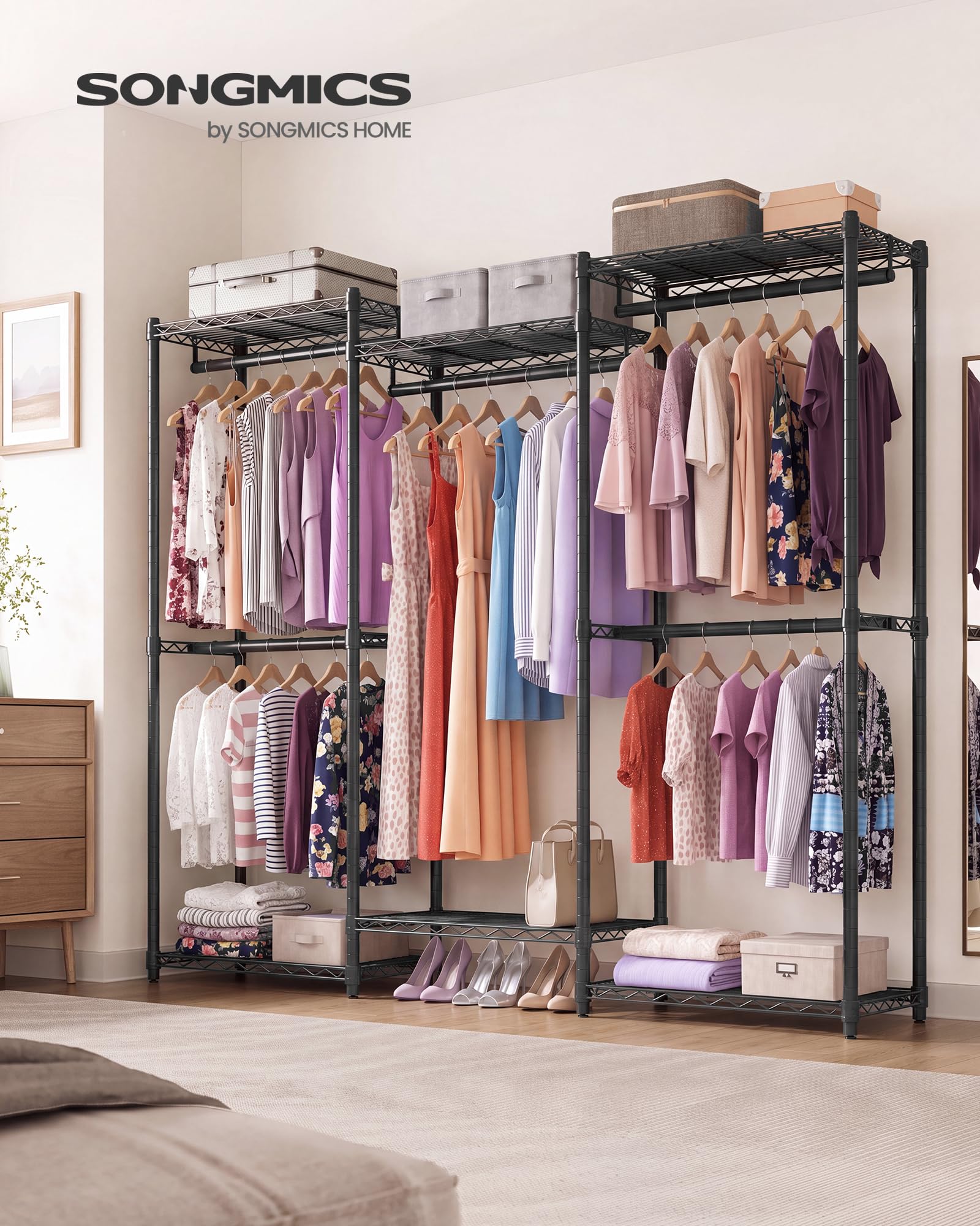 SONGMICS Robuster Kleiderständer, tragbarer Schrank, 170 cm breit, mit verstellbaren Netzablagen und Kleiderstangen, Tintenschwarz ULGR433B01