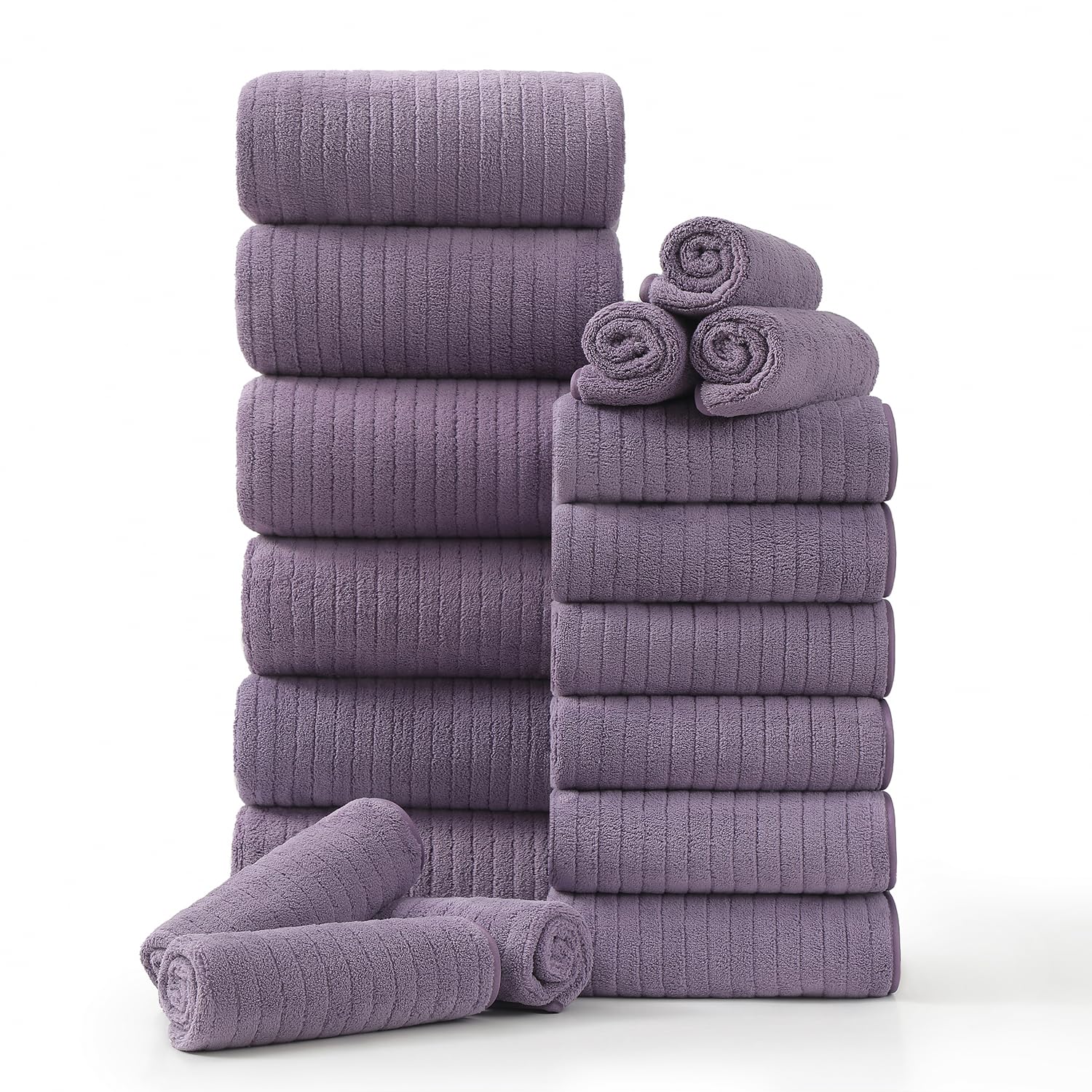 Photo 1 of 18 Piece Family Bath Towel Set Include 6 Bath Towels,6 Hand Towels and 6 Washcloths Soft Bathroom Towel with Hanging Loops,Highly Absorbent Quick Dry Towels Set for Bathroom,Hotel and Spa-Dark Purple