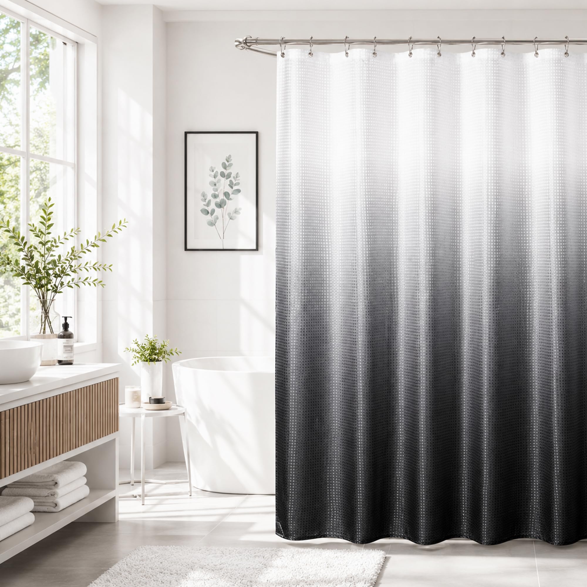 Mrs.Naturall Black and White Waffle Weave Fabric Shower Curtain Set with Hooks,Waterproof Modern Shower Curtains for Bathroom,Cute Ombre Dark Grey Cloth Bathroom Shower Curtain Sets,72x72 Inches