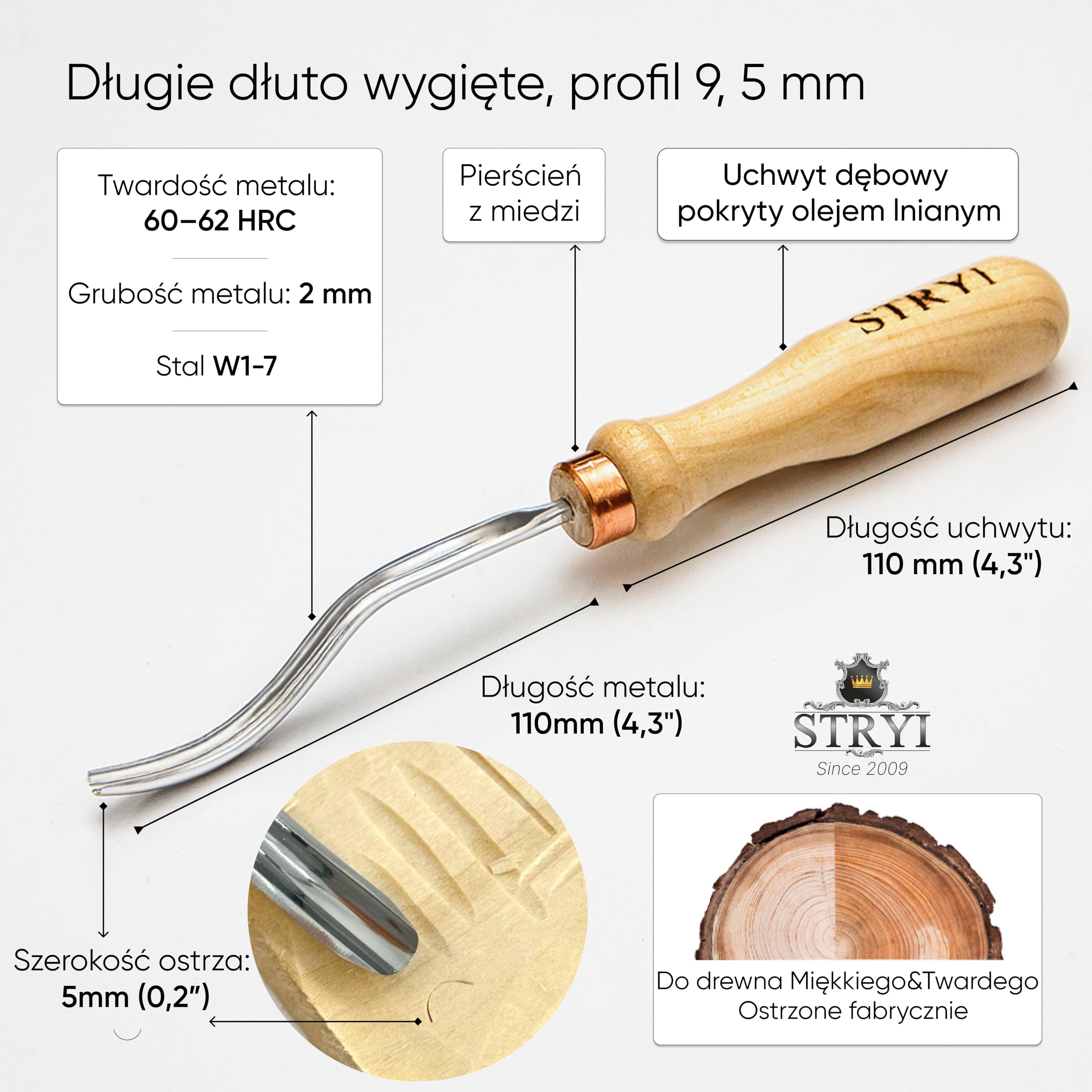 STRYI Profesjonalne, długie, wygięte żelazko, ścieg 9,5 mm – ręcznie kuty dłuto do łyżek, misek, kuksów, płaskorzeźb – profil #9 – ergonomiczny uchwyt drewniany z dębu