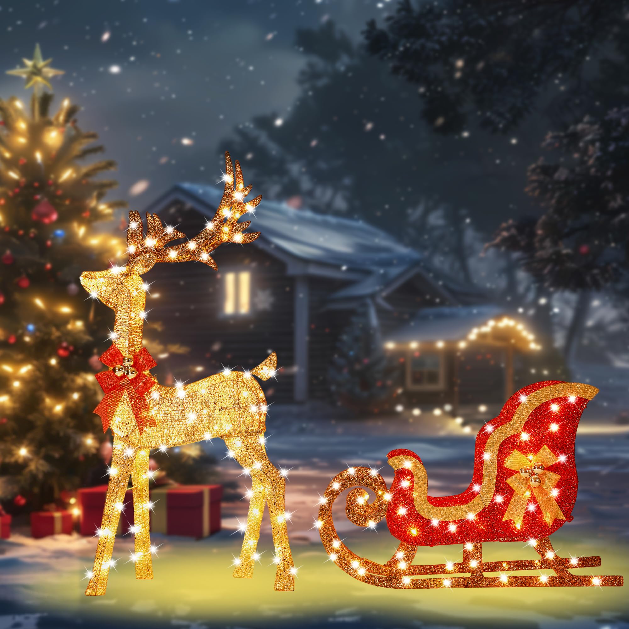 132 cm 3D Gold Groß beleuchtet Weihnachten Rentier & Schlitten Dekorationen 2 Stück Outdoor Urlaub Dekorationen Rentier Set mit 160 warmweißen LEDs Große Hofanzeige für Garten Schaufenster