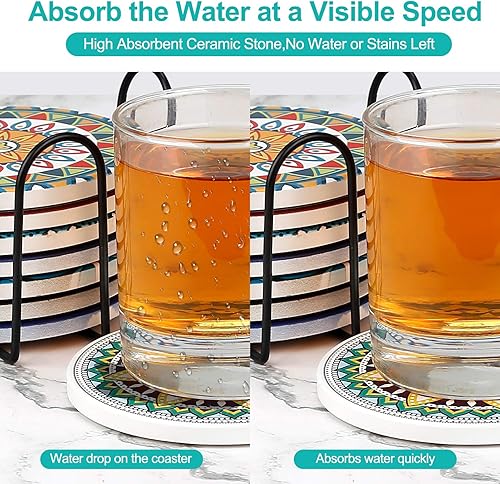 Miniatura 6 de Juego de 8 posavasos absorbentes de piedra para mesa de madera, mandala de cerámica con base de corcho, regalo para inauguración de la casa,