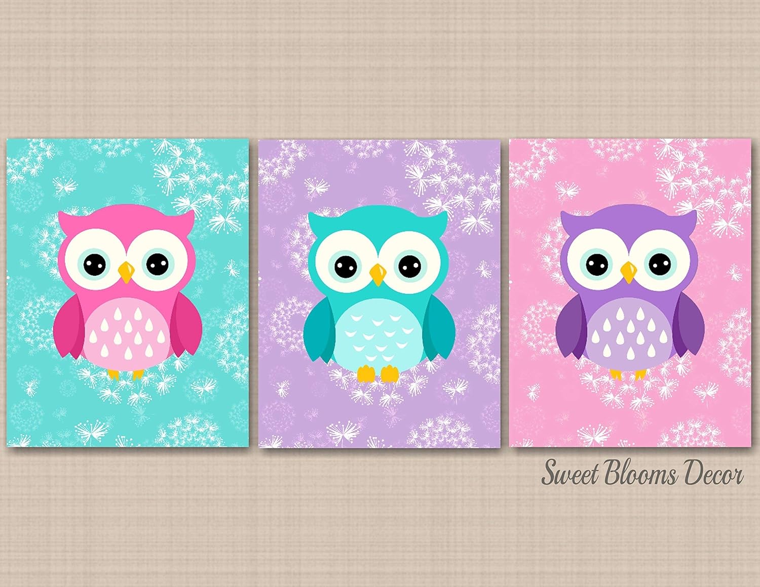 Owl Nursery Wall Art,Owl Nursery Decor,Purple Pink Teal Owl