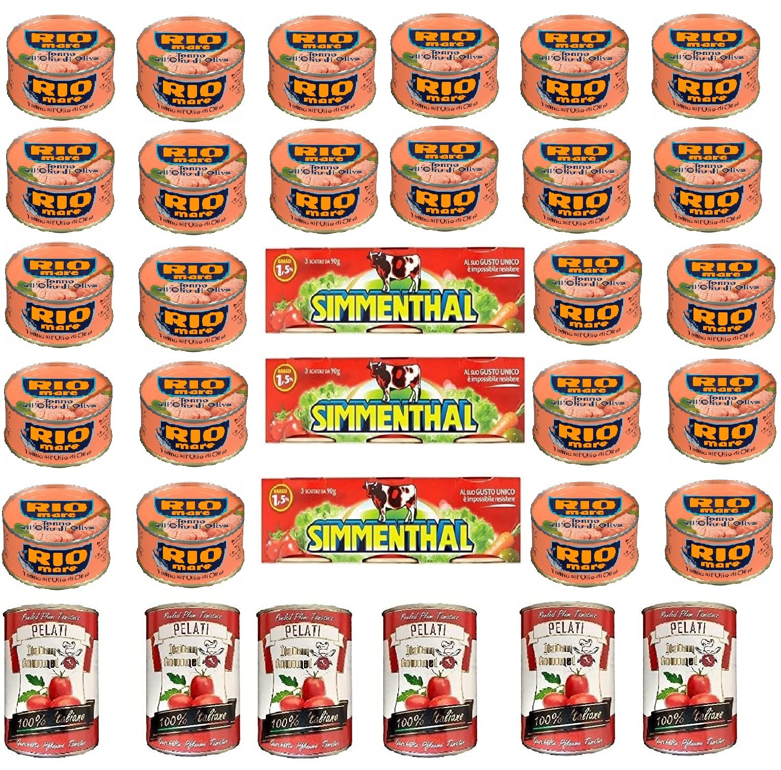 Tonno olio di oliva 24 x 80g + Carne in gelatina 3 x 70g + Pelati 6 x 400g | Filetti saporiti und Rindfleisch-Aspik Set, pronto dispensa, ideal für Salate, Panini, Pasta, Gesamtnettogewicht 1,92 kg