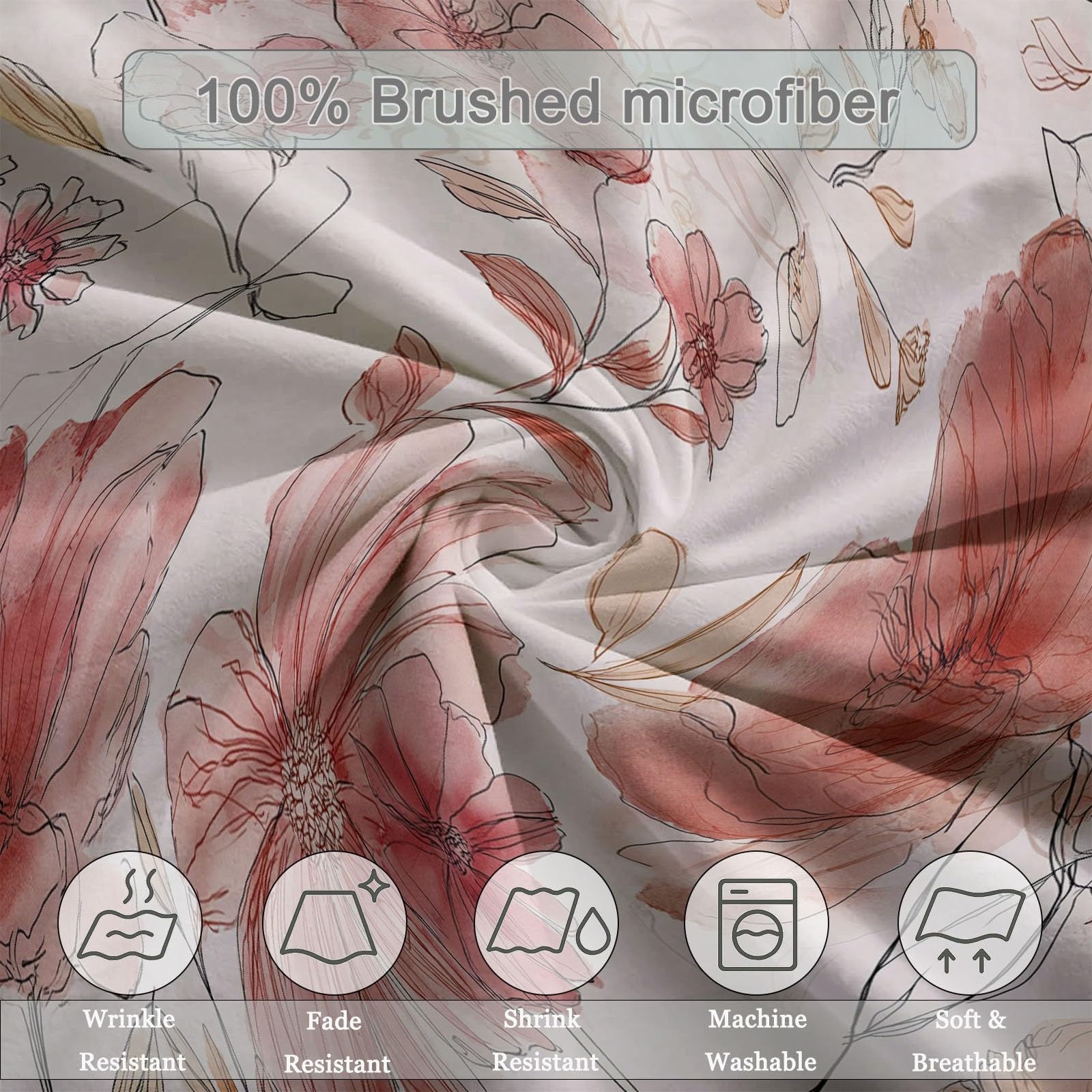 Ultrasoft hipoalergiczny zestaw pościeli z mikrofibry, podwójny, akwarelowy kwiatowy wzór, dwustronny pokrowiec z 2 poszewkami na poduszki 50 x 75 cm, czerwono-różowy