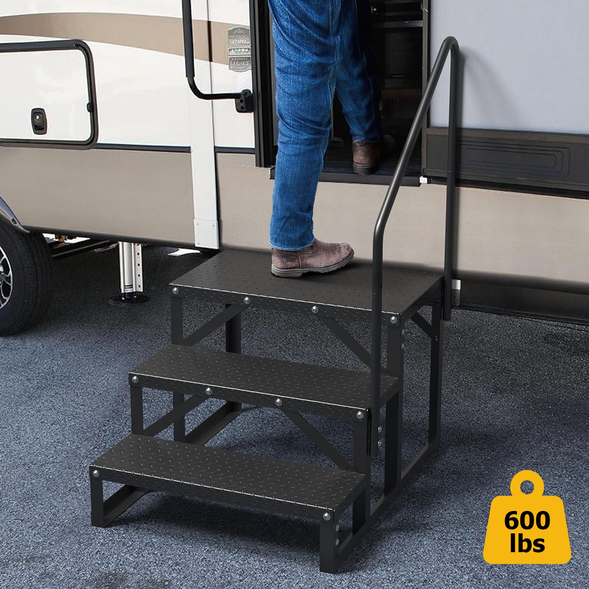 Garvee Escalier externeérieur antidérapant 3 marches pour Camping-Car – Capacité 300 kg, Portable, Acier allié, sécurité Accrue – Marchepied Robuste avec Rampe – Simple Main Courante | 3 marches