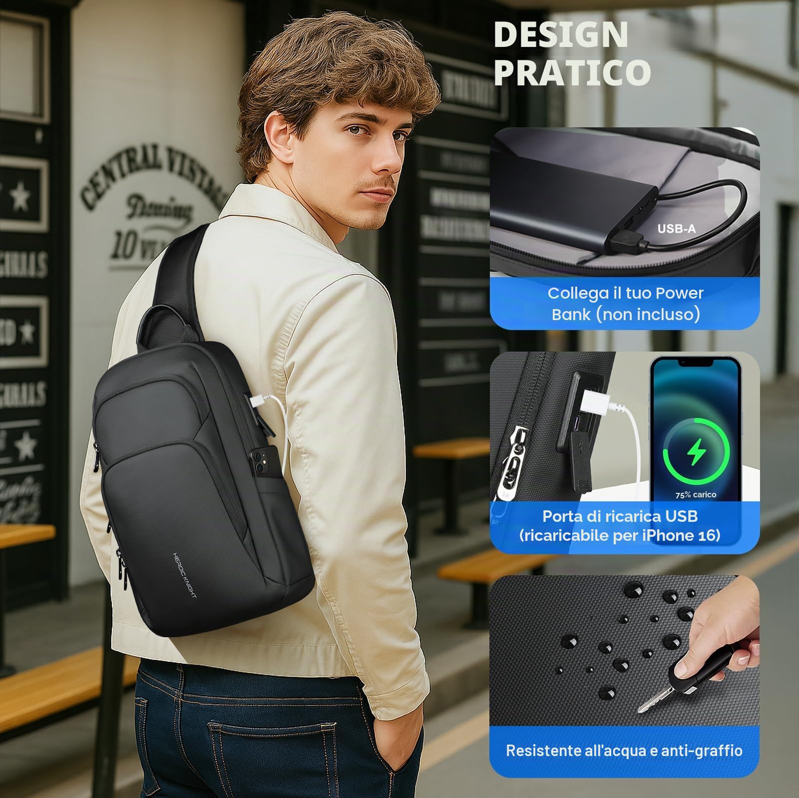 hk Borsa a tracolla da uomo con porta di ricarica USB