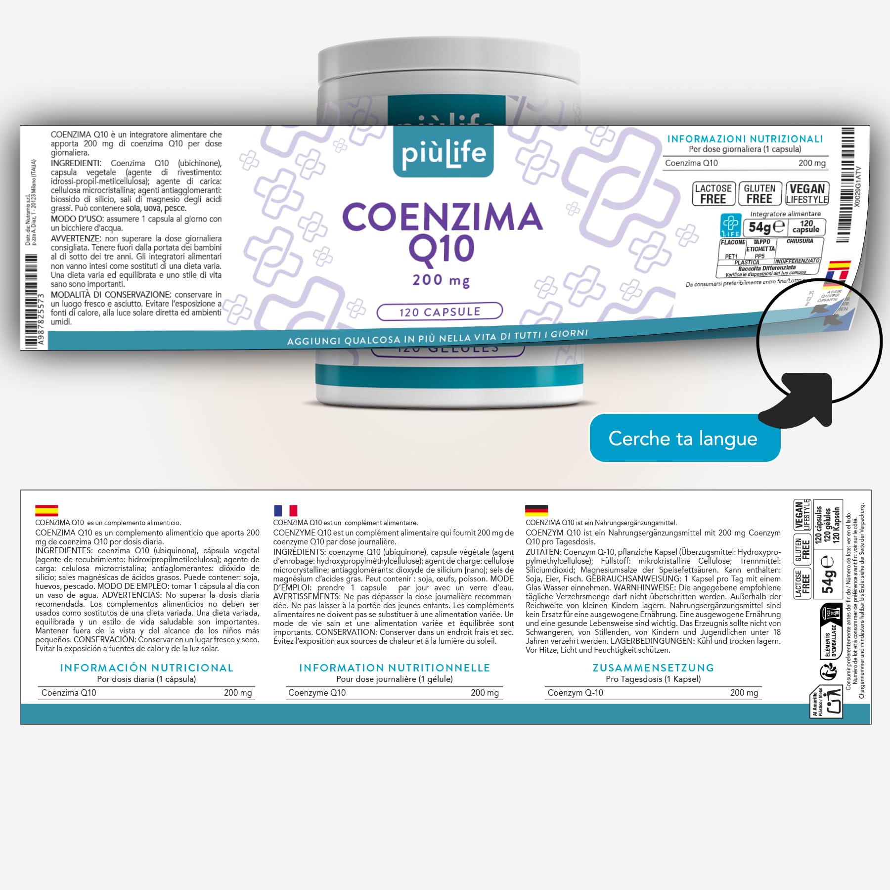 Coenzyme Q10 200 mg PiùLife Ubiquinone - 120 Gélules Vegan | 1 par jour, Fermentation Naturelle, Forme identique à celle produite par l'organisme, Sans Gluten, Sans Lactose, 4 Mois