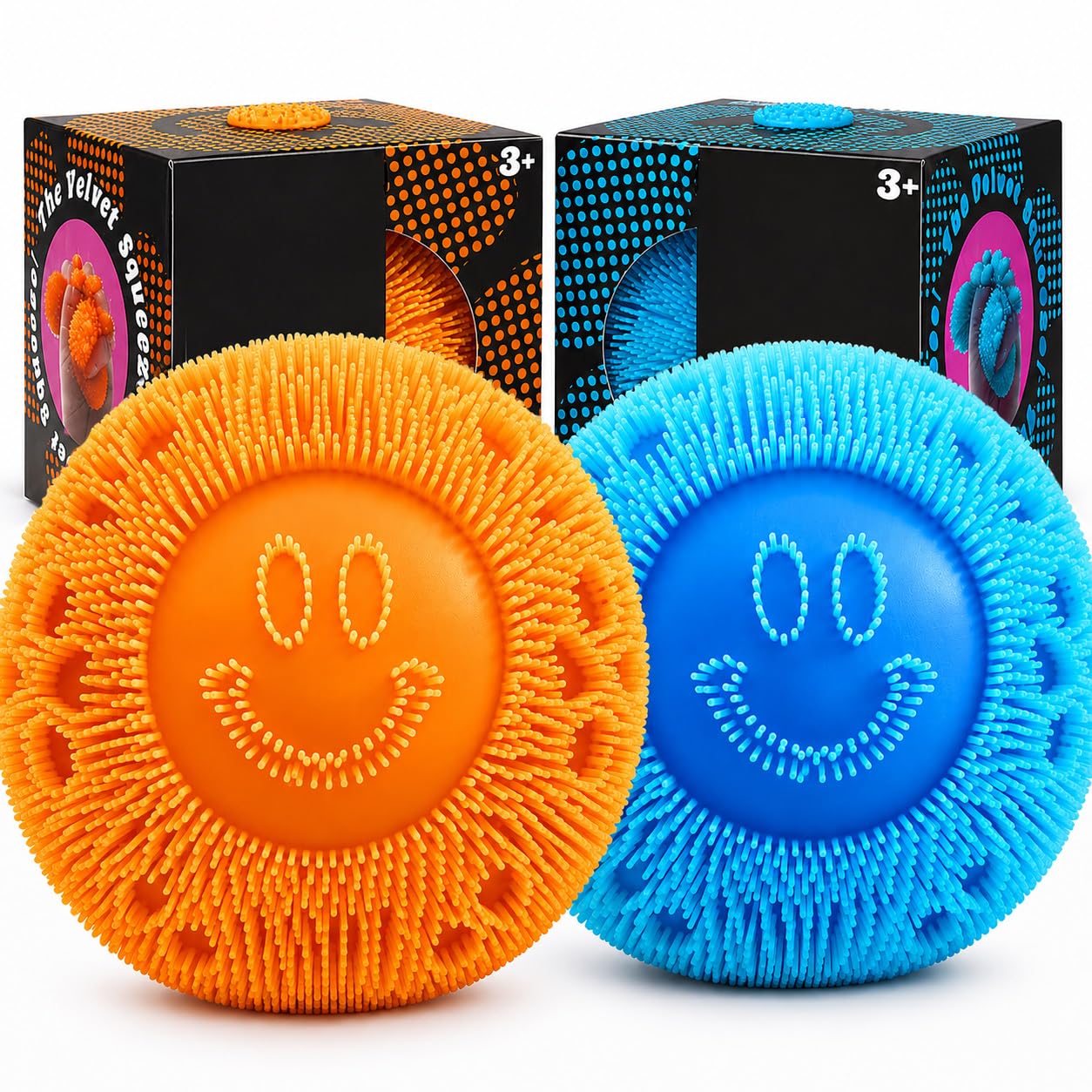 Fuzz Ball Smiley Face Squeeze Toy, Soft Sensory Fidget Toy for Kids and Adults, Anxiety Relief Stress Ball, Squishy Stress Toy, Party Bag Fillers, for Boys and Girls (A-2PCS)