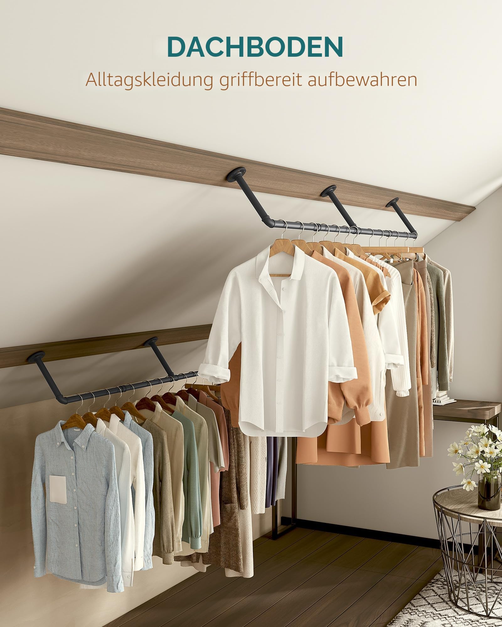 OROPY Industrielle Rohr Kleiderstange, 167 cm Wandmontage Abnehmbare Retro Metall Kleiderstange zum Aufhängen von Kleidung, Robuste Kleiderstange für Schlafzimmeraufbewahrung (3 Basis)