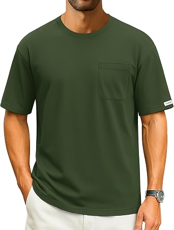 Cotrasen Mens T-Shirts Cotton Drop Shoulder Crew Neck Pocket Tee