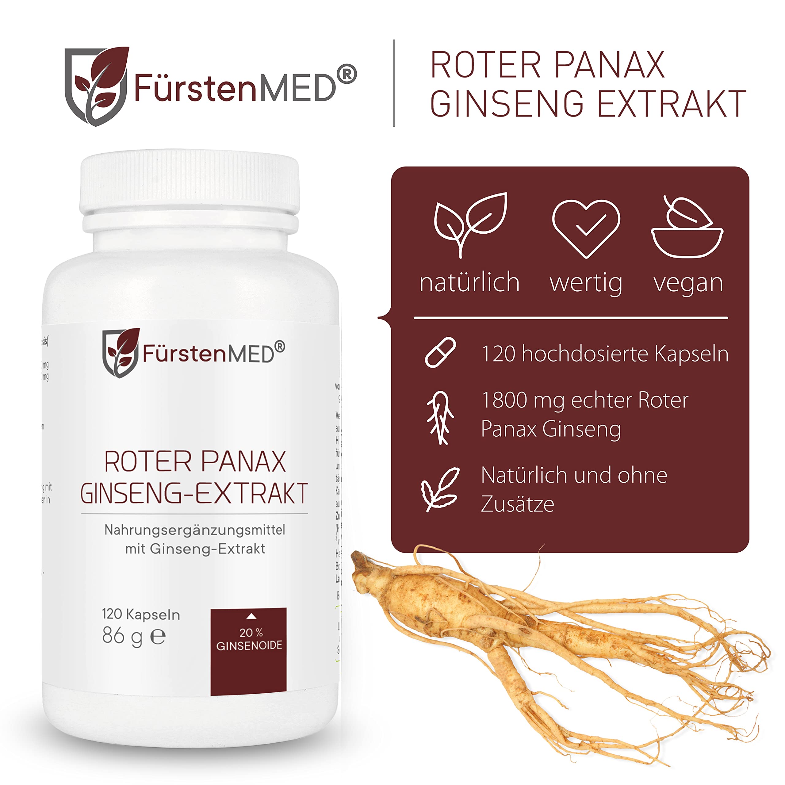 FürstenMED® 1800mg Echter Panax Ginseng Extrakt - 120 Kapseln - Hochdosiert mit 360mg Ginsenoside pro Tagesdosis - 120 Vegane Kapseln frei von unerwünschten Zusatzstoffen