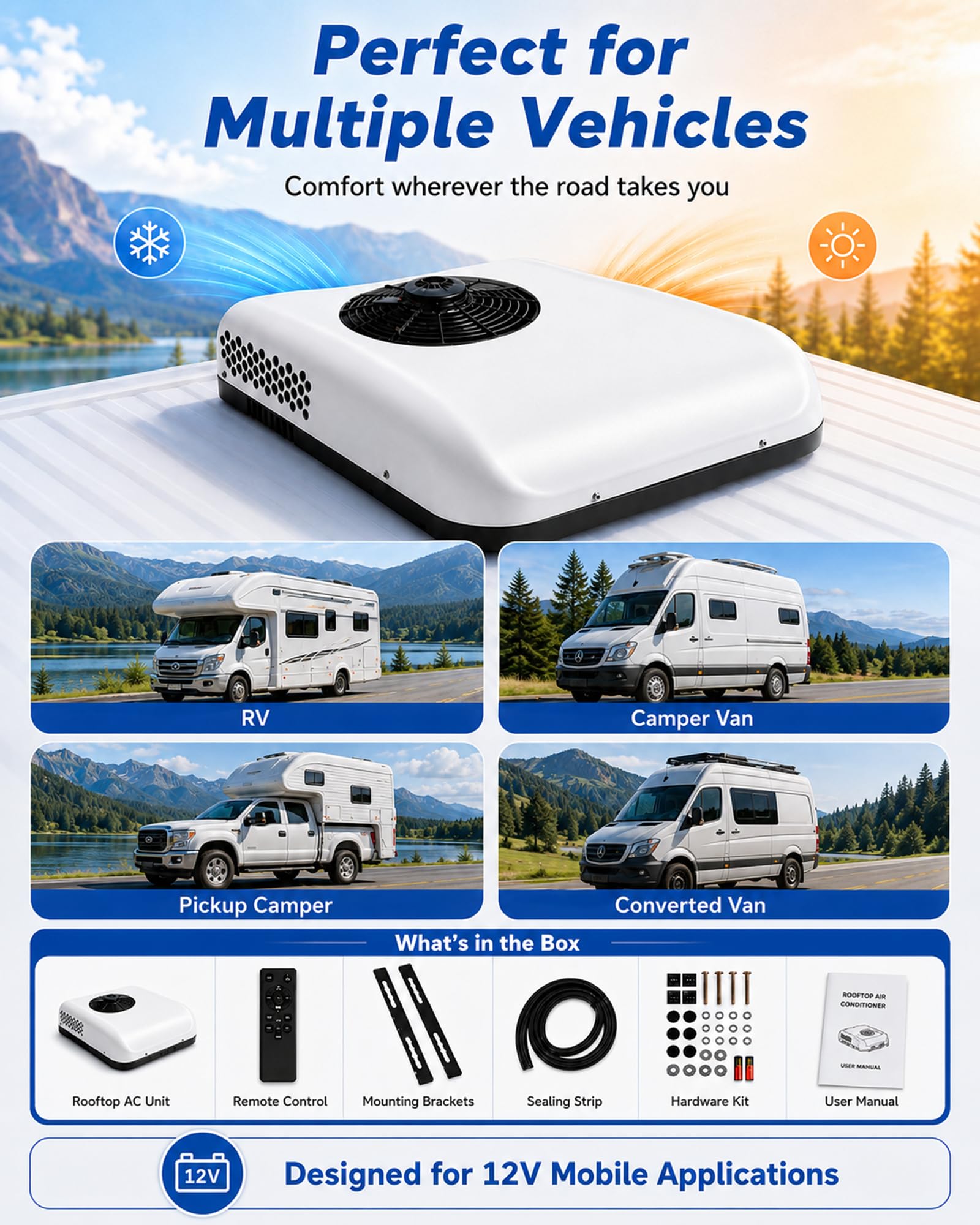Klimatyzator Dachowy 12V/24V do Przyczepy z Grzaniem i Chłodzeniem White12V