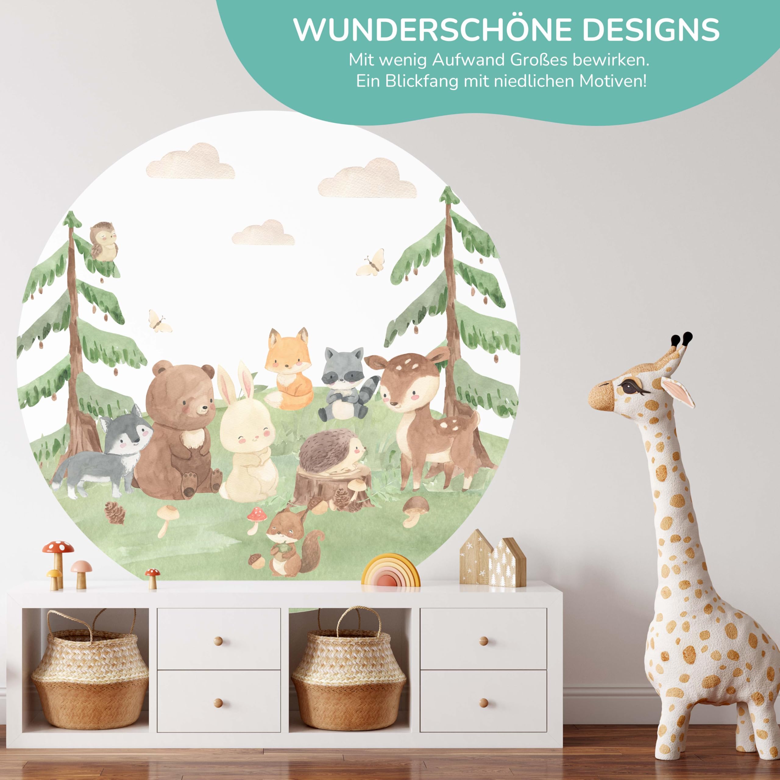 Kidsmood – Runde Wandsticker mit gestochen scharfen Farben | Hochwertiger Druck, schadstofffrei und einfach anzubringen | Aquarell Wanddeko fürs Kinderzimmer, Geschenk zur Geburt oder Taufe (180 cm)