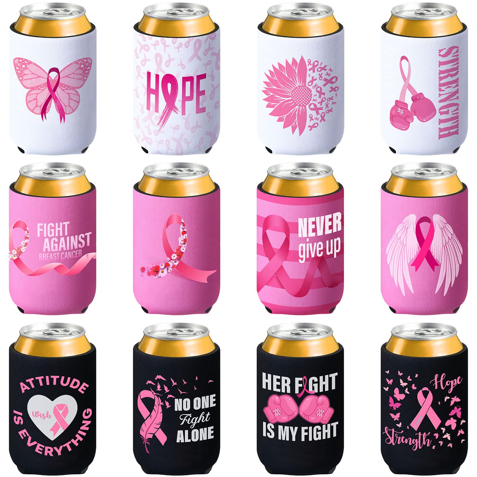 Shellwei 12 Pcs Breast Cancer Awareness Can Cooler Sleeves, Pink Ribbon Beer Coolies Cover Can Beverage Coolers Sleeves, Survivor Gift Cancer