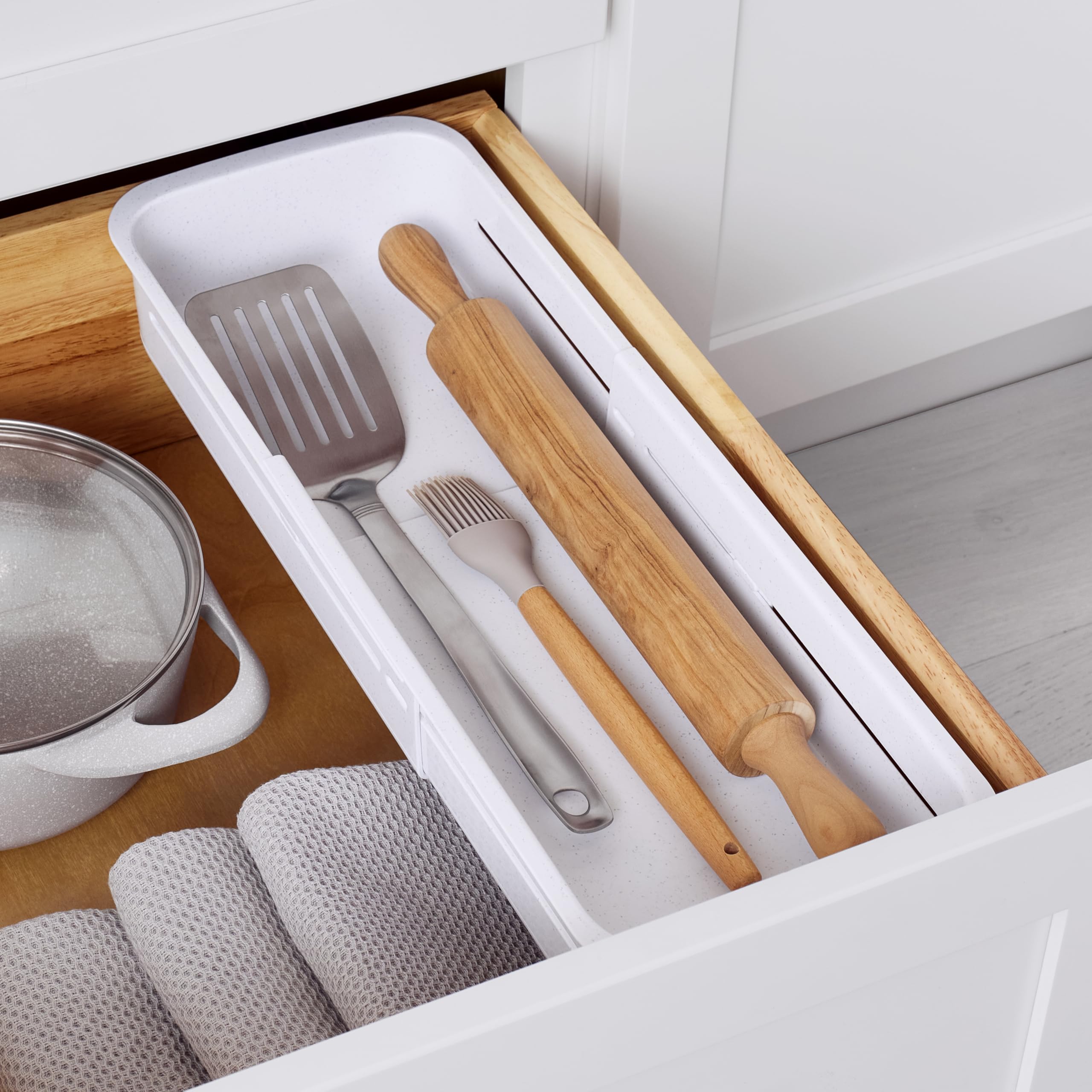 YouCopia DrawerFit Sliding Drawer Bin, Expandable and Adjustable Kitchen Storage Organizer, 1, Speckled White