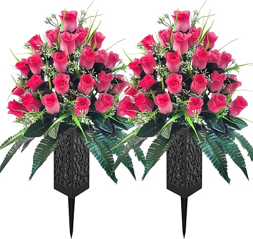 Mirevielyn 2 Pack 24-Stem Artificial Rose Cemetery Flowers with Vases | Fade-resistant roses, stain-free material, detachable ground spikes, outdoor memorial decor, headstone & gravesite display