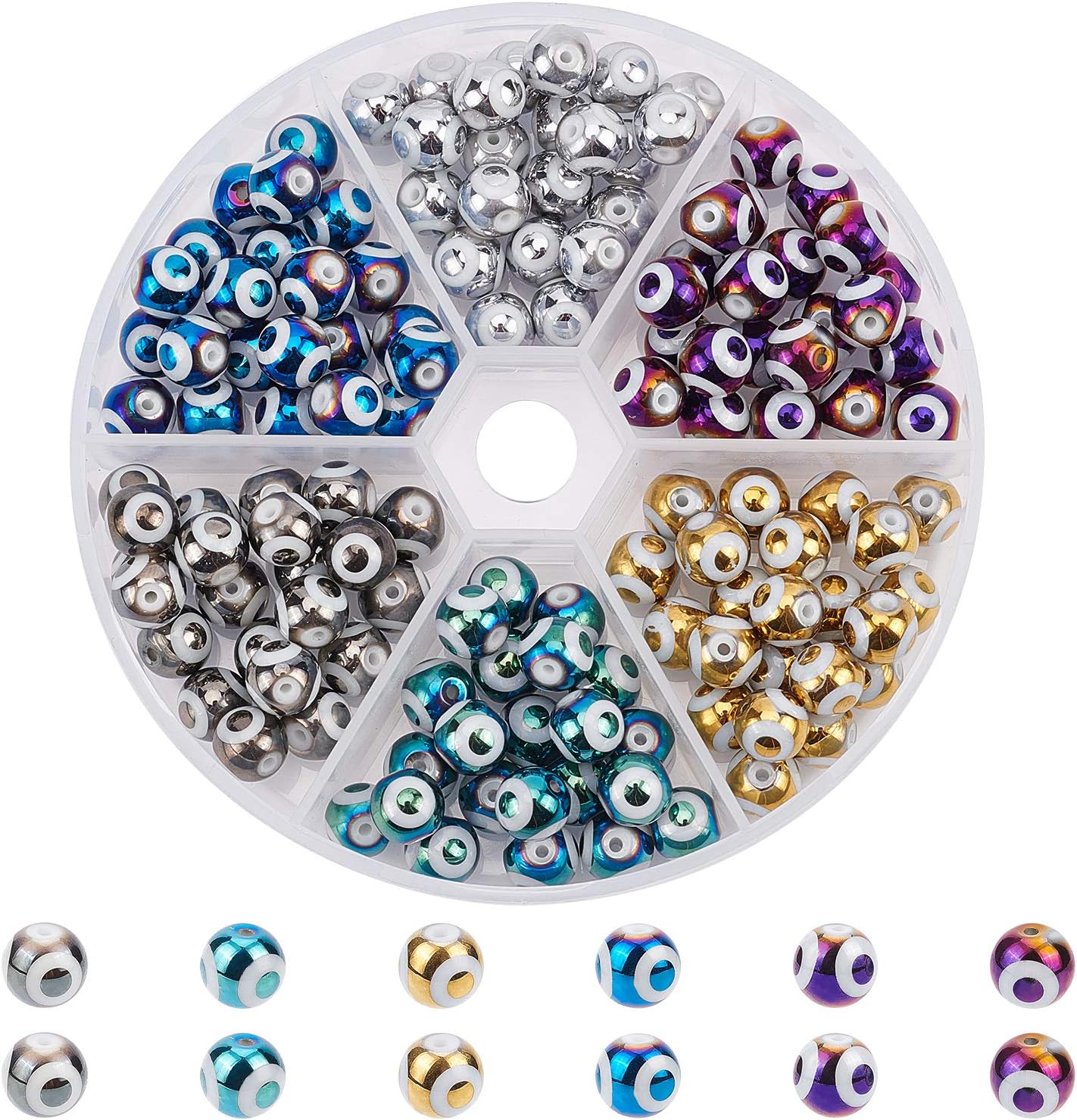 NBEADS 132 Pcs Evil Eye Glass Beads, 8mm Round Glass Beads for Bracelet Necklace Jewelry Making Hole: 1.2mm