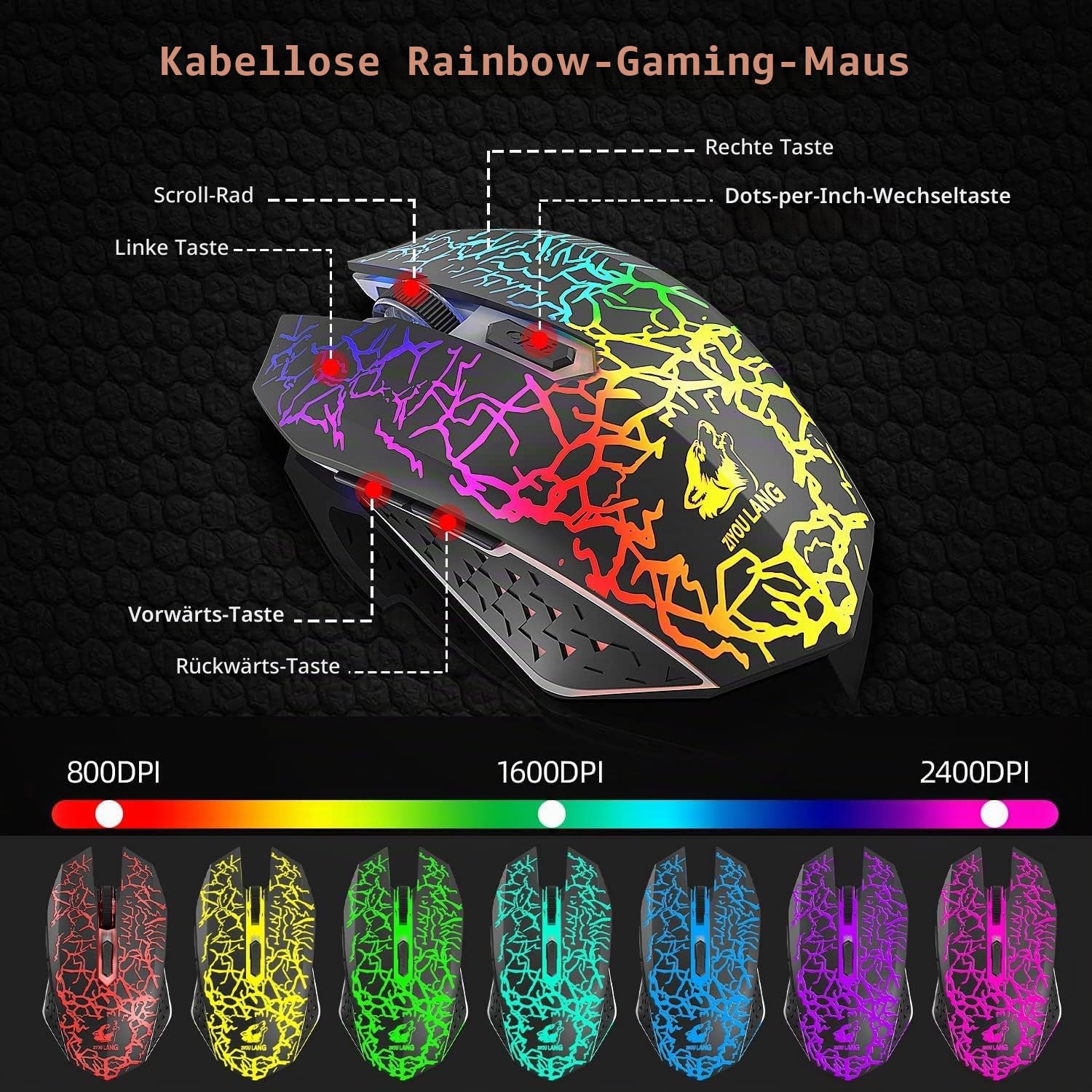 T3 Drahtlose Tastatur Maus Combo, orange beleuchtete 2.4G wiederaufladbare mechanische Feel Gaming-Tastatur + 2400DPI 6 Tasten Optische LED-Gaming-Maus + kostenlose Gaming-Mauspads (schwarz/orange)