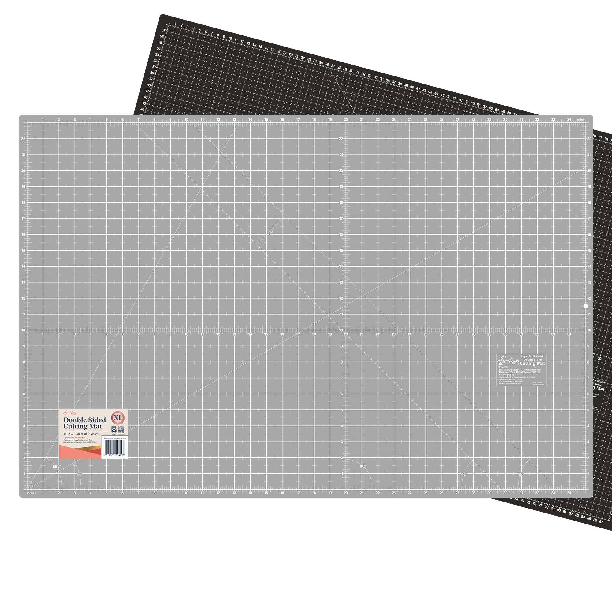 Sew Easy Cutting Mat – 90 x 60cm Self-Healing Cutter Double Sided Imperial & Metric for Quilting Sewing Patchwork Dressmaking – Black & Grey