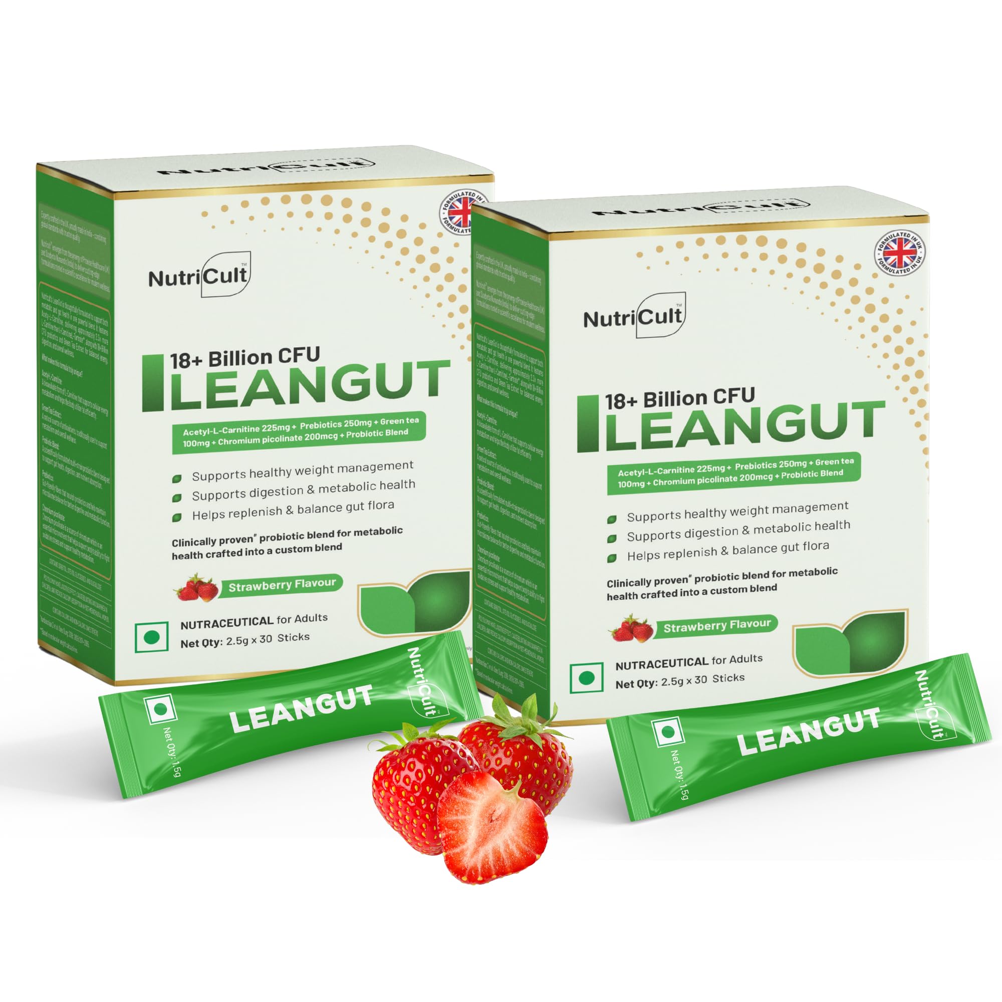 Nutricult LeanGut Sticks with Acetyl L-Carnitine, Green Tea Extract & Probiotics | Gut Health, Metabolism & Digestive Support | For Men & Women | 60 Sticks | Strawberry