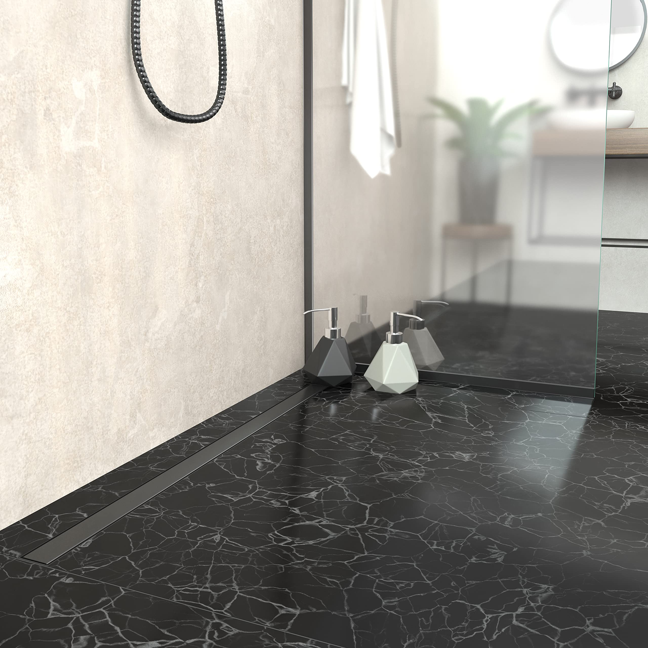 SET completo - Canalina Doccia 120 cm AQUABAD® Slim nero opaco in acciaio inox, incluso il setaccio per capelli, Advantix l'uscita orizzontale, la copertura "BORD" e il set di base