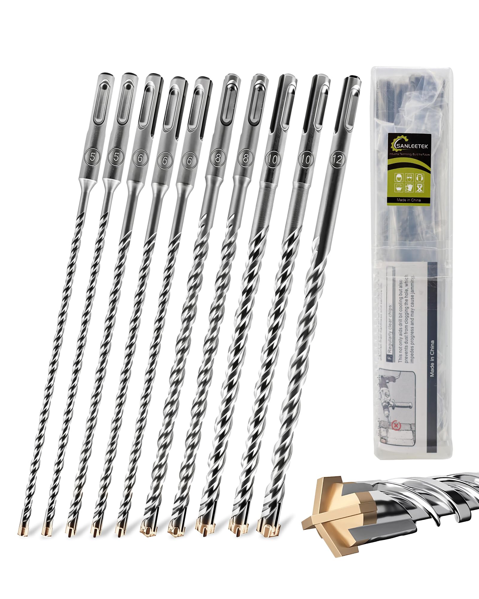 SANLEETEK SDS Plus Rotary Hammer Drill Bit 10PCS 210mm Hammer Impact Drill Bit Concrete Drill Bit Cross Drill Bits for Masonry Brick Granite Concrete Block Dia 5 * 2+6 * 3+8 * 2+10 * 2+12mm