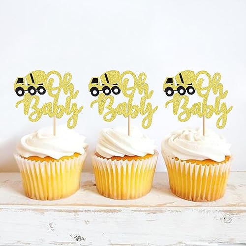 Miniatura 3 de Ercadio Paquete de 24 adornos de construcción para cupcakes Oh Baby para cupcakes de bebé, palillos de alimentos, excavadora de construcción, para