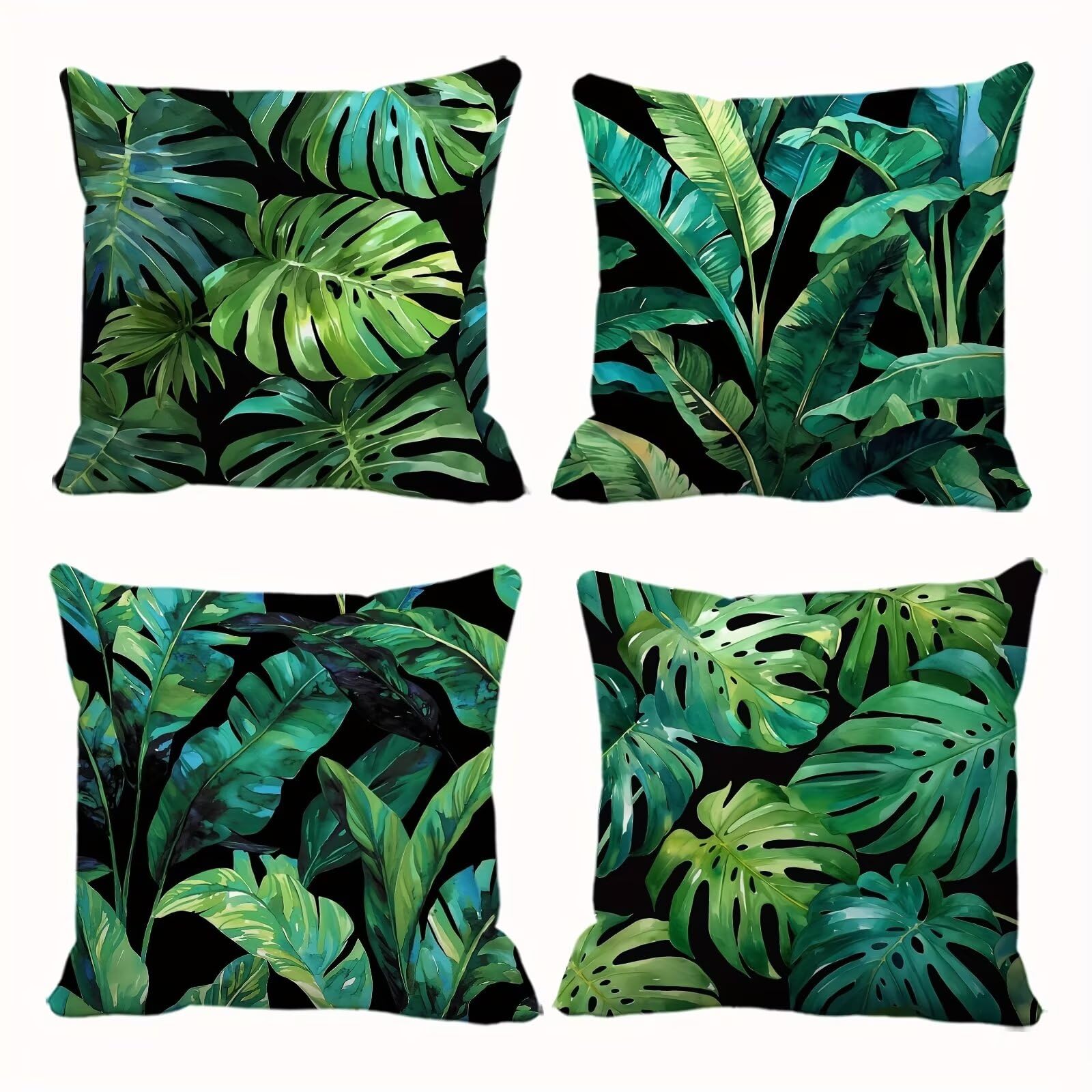 Fundas de Cojines 50x50 cm, Juego de 4 Fundas para Cojines Decorativas de Lino, Hojas Tropicales, Fundas de Almohada para Sofá, Silla y Decoración de Interiores