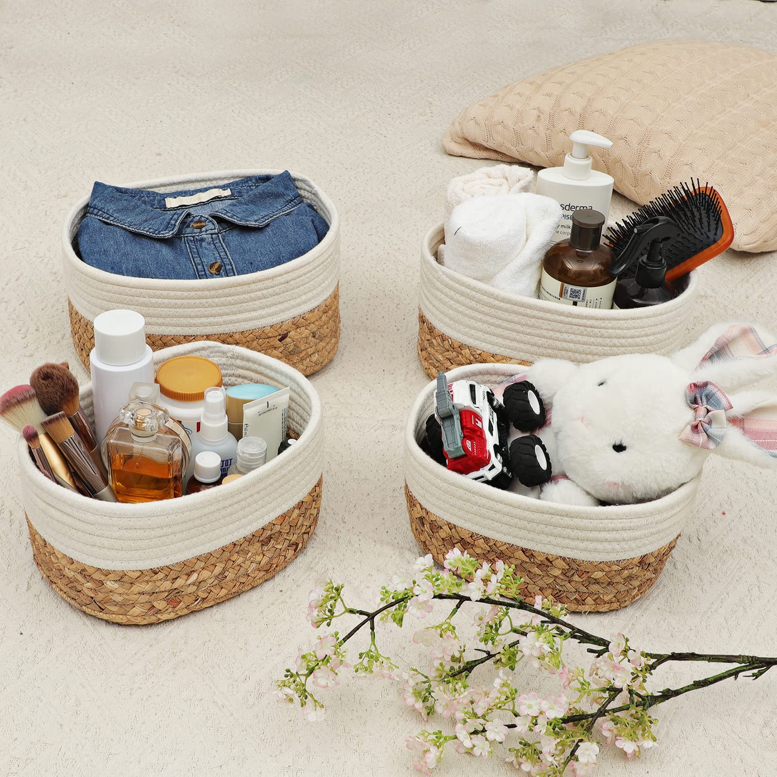 Lannvan Panier Rangement,Lot de 4 Paniers de Rangement Tressés en Jacinthe d'Eau et en Coton pour Salle de Bain,Cuisine,Organisateur Table a Langer Bebe,Corbeille Rangement pour Bébé,Enfant,Crème
