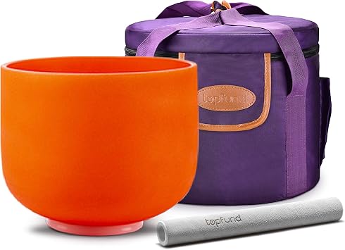 TOPFUND Orange D Note Crystal Singing Bowl 10 inch Sacral Chakra with Heavy Duty Carrying Case and Suede Mallet