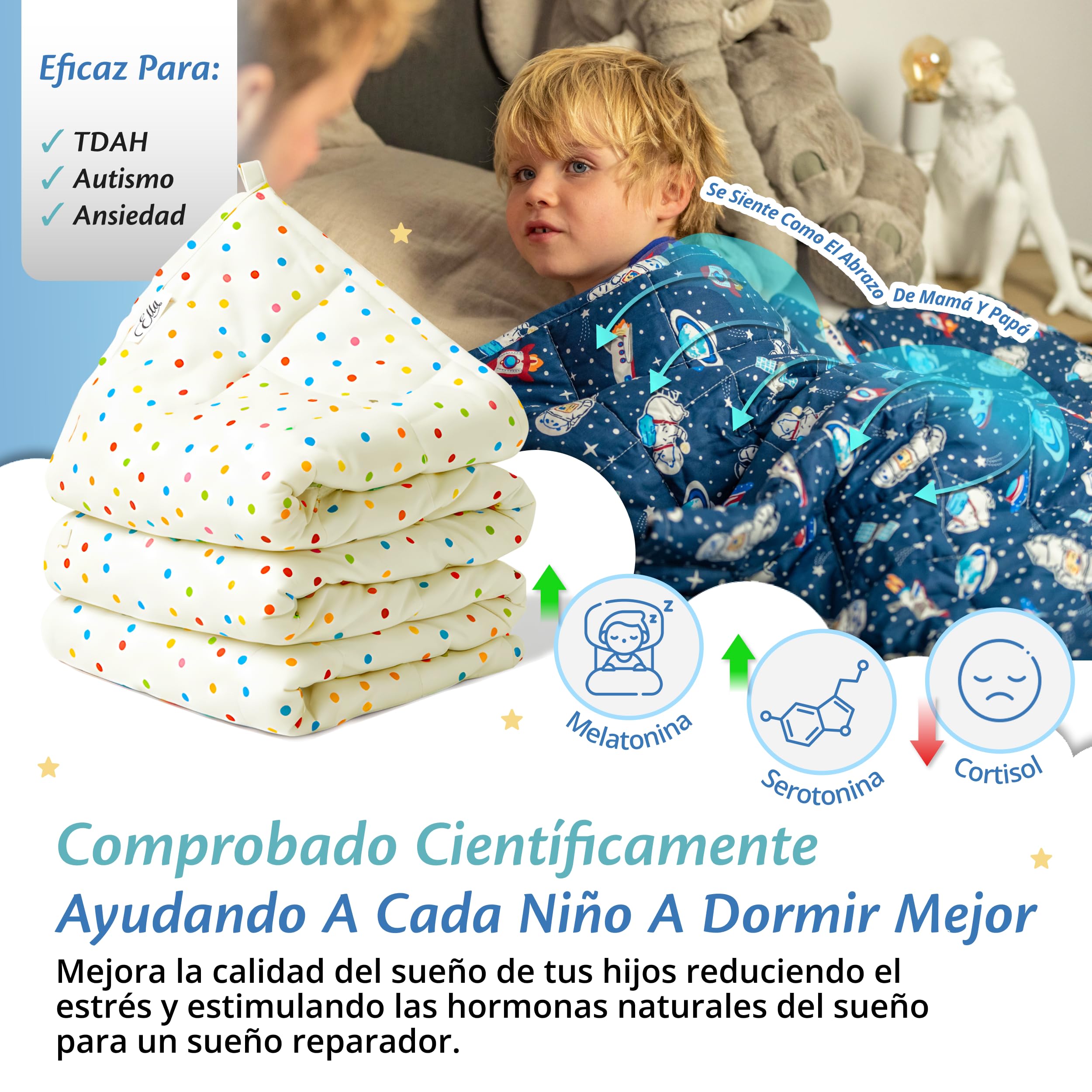 Ella - Manta para niños (3,2 kg, 100 x 150 cm, relajante y calmante, edredón infantil, perlas de cristal hipoalergénicas, capa exterior de algodón suave y refrescante, manta ponderada, 25 – 40 kg, con