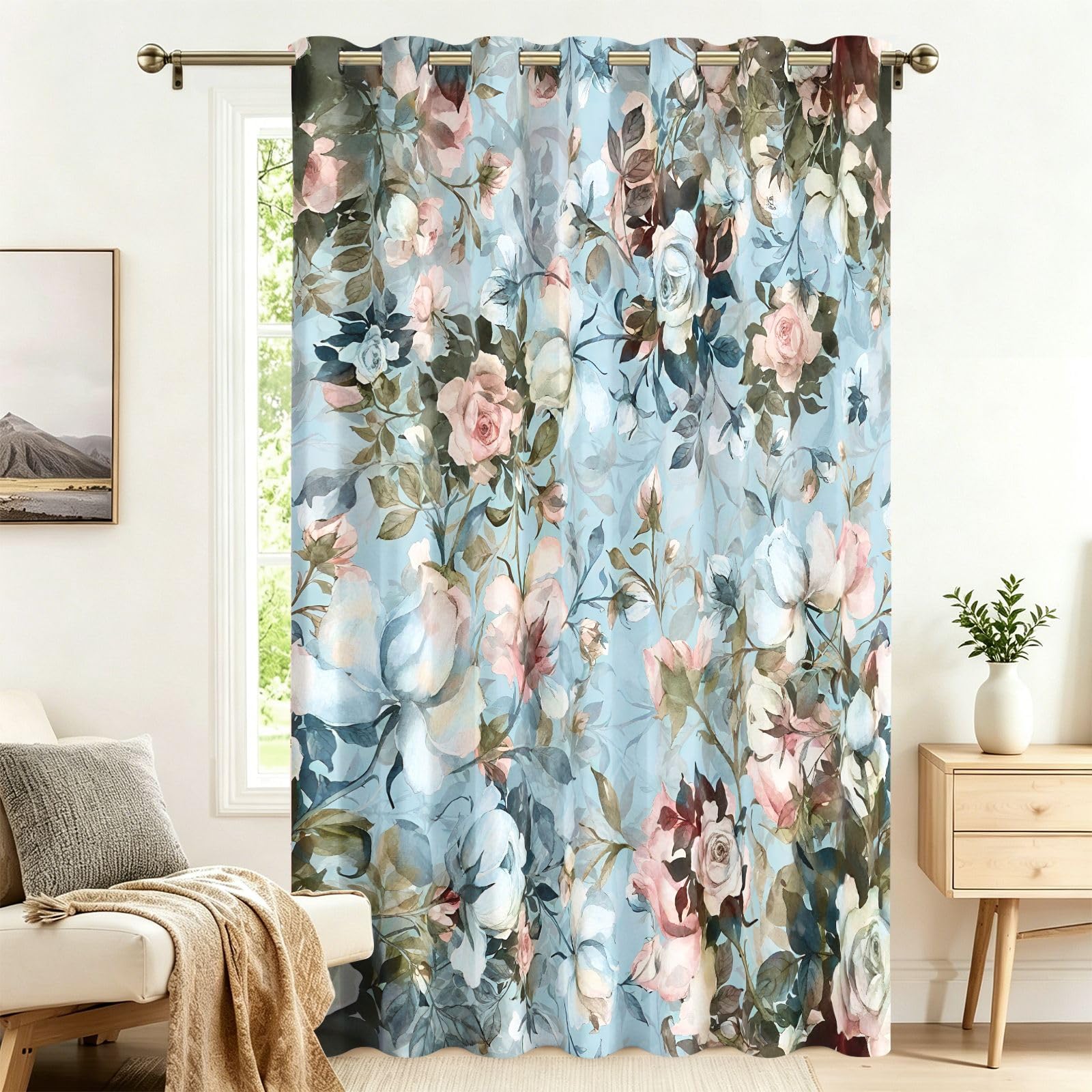 Fadaing Grey Rose Blackout Curtains with Eyelets, 1 Piece, Extra Wide Living Room Door Curtain, 183 x 132 cm Privacy Screen, Opaque, Patterned, Against Heat, Darkening Room Divider