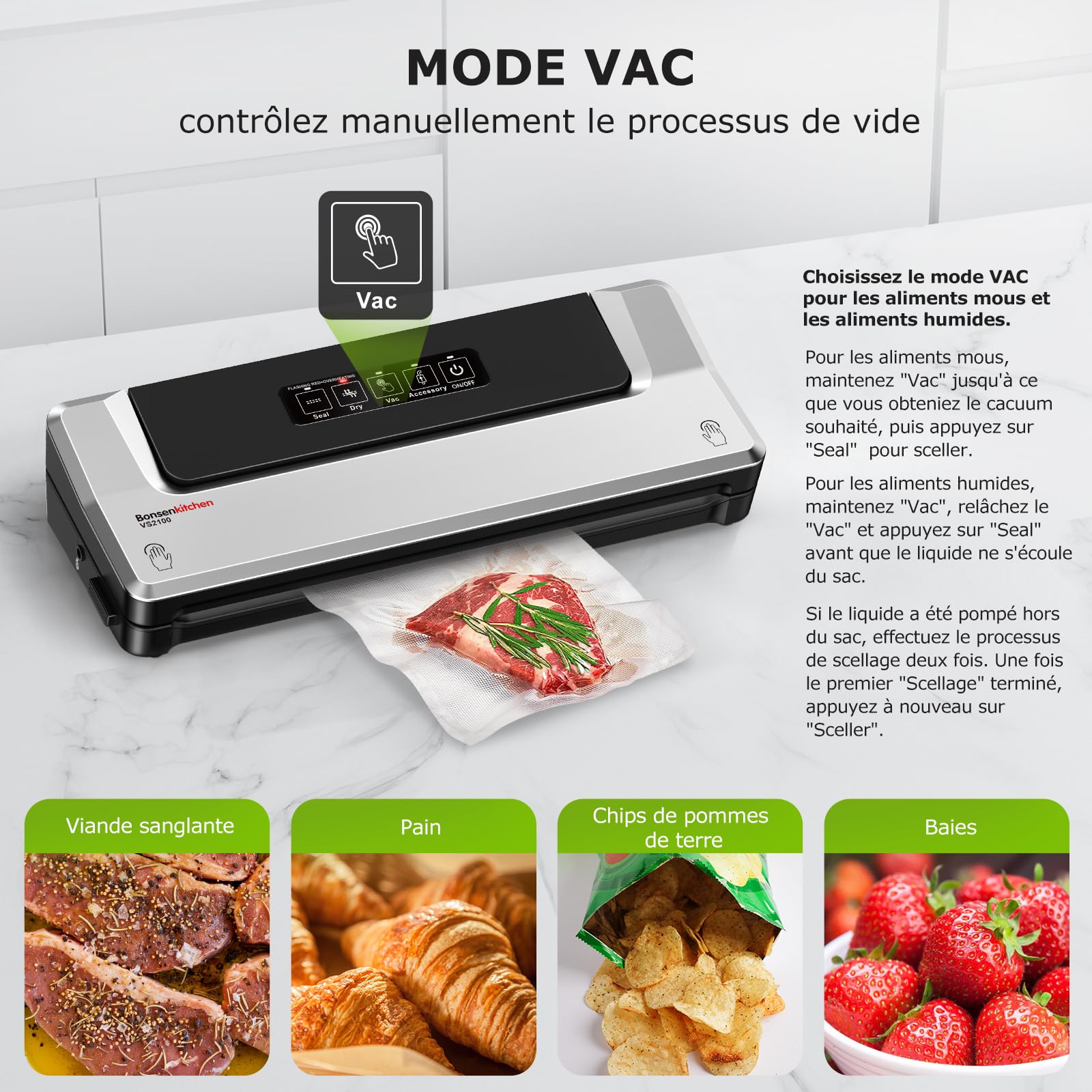 Bonsenkitchen Machine Sous Vide Alimentaire - Appareil de Mise Sous Vide pour La Cuisson Sous Vide et La Conservation des Aliments Frais, Y 5 Compris Les Sacs Sous Vide