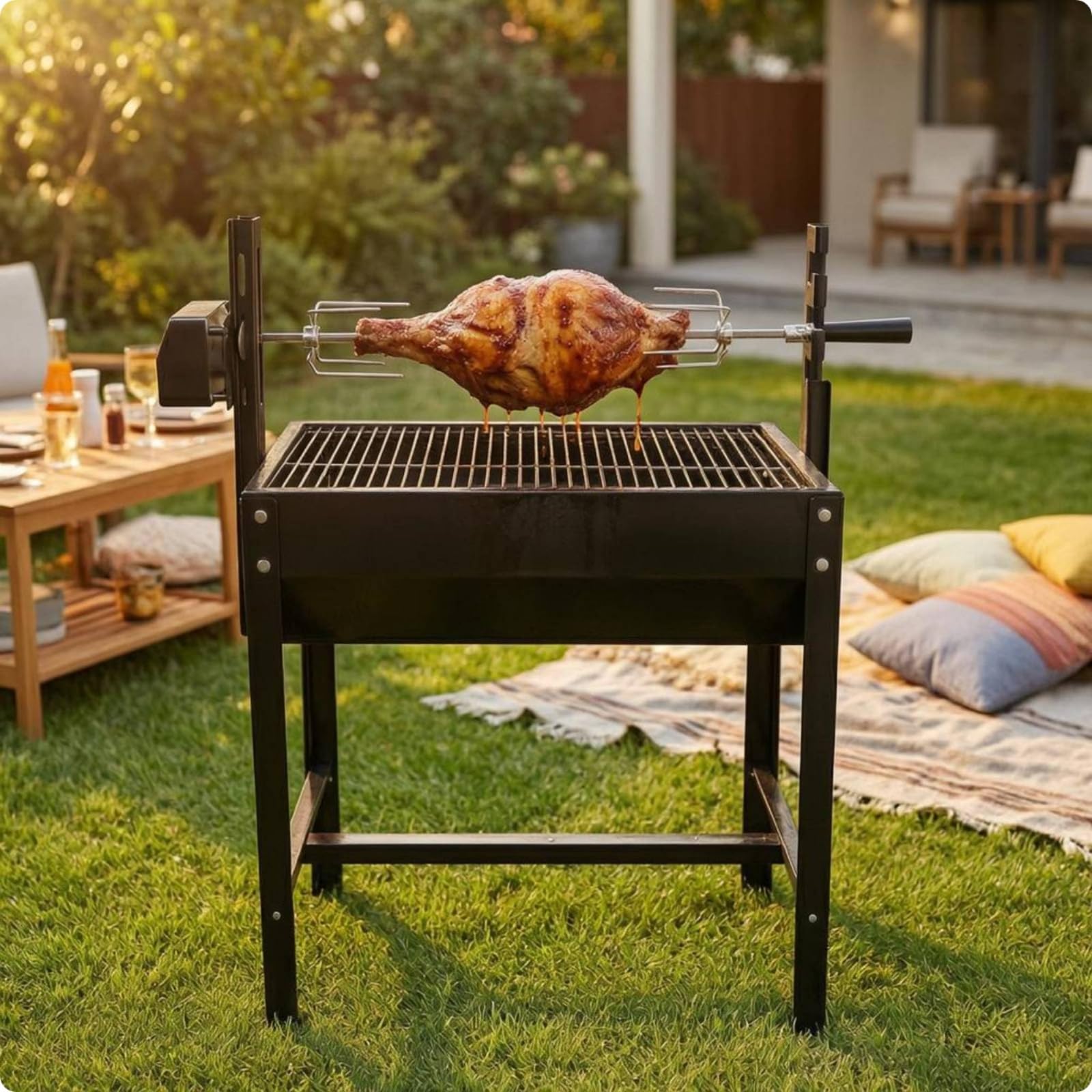Przenośny grill na węgiel drzewny z wentylowanym rożnem, zasilany bateriami, łatwy w użyciu, idealny do gotowania na świeżym powietrzu i grillowania, trwałe malowane wykończenie, idealny na spotkania