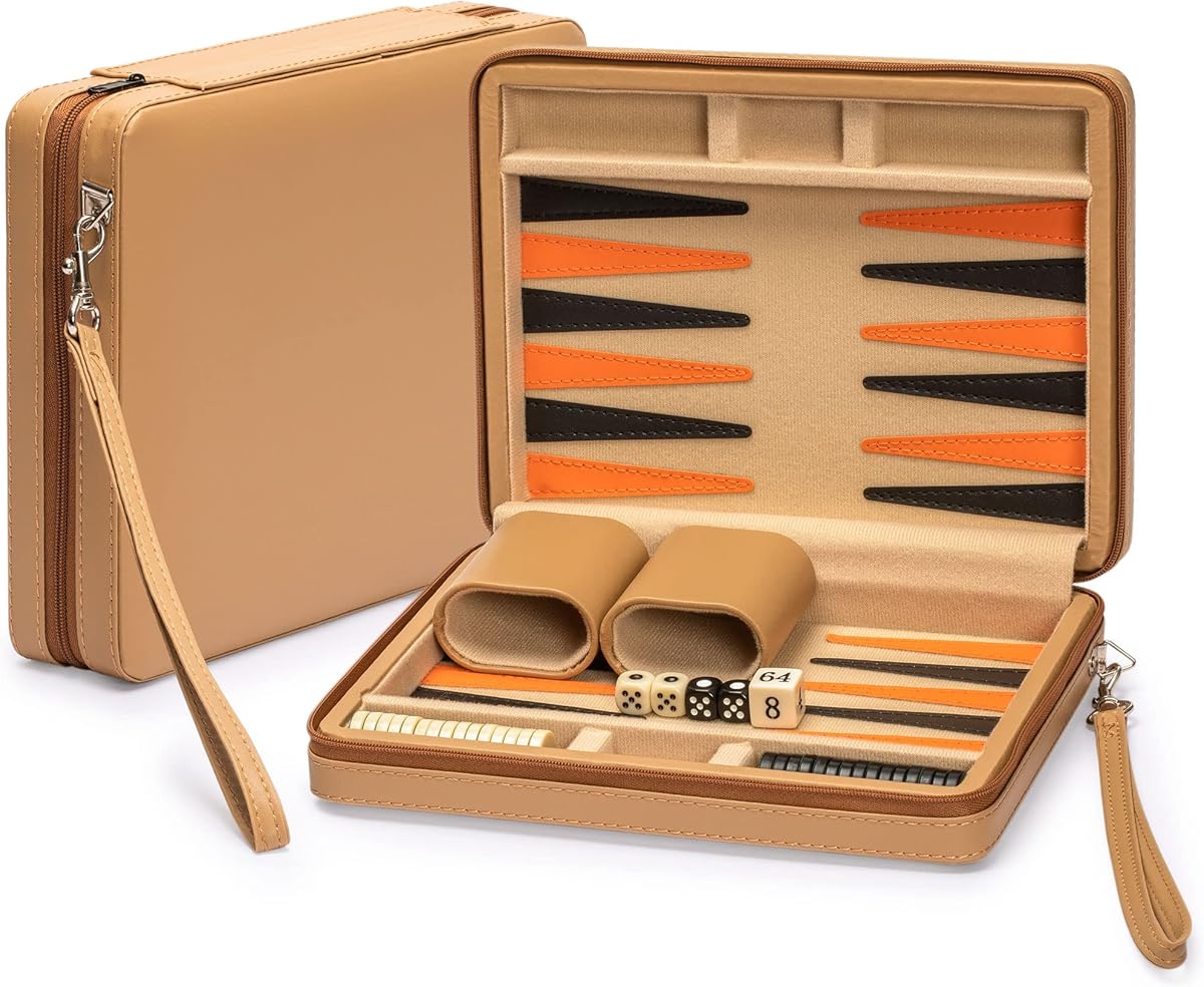 Yellow Mountain Imports Travel Magnetic Leatherette Backgammon Mini Game Set, Bozcaada - with Magnetic Checkers, 9-inch Board