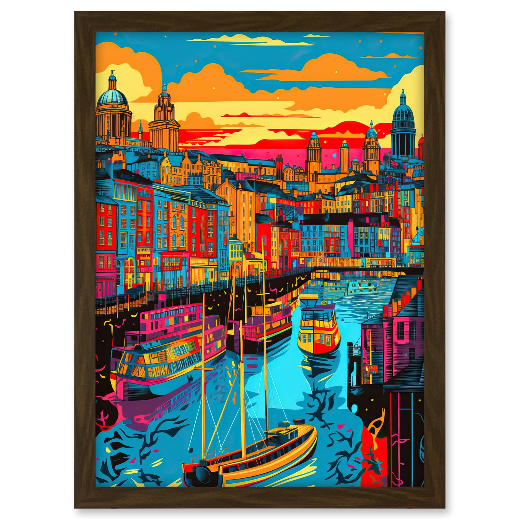 Artery8 Vibrant Liverpool City Waterfront Sunset Cityscape Artwork Framed A3 Wall Art Print