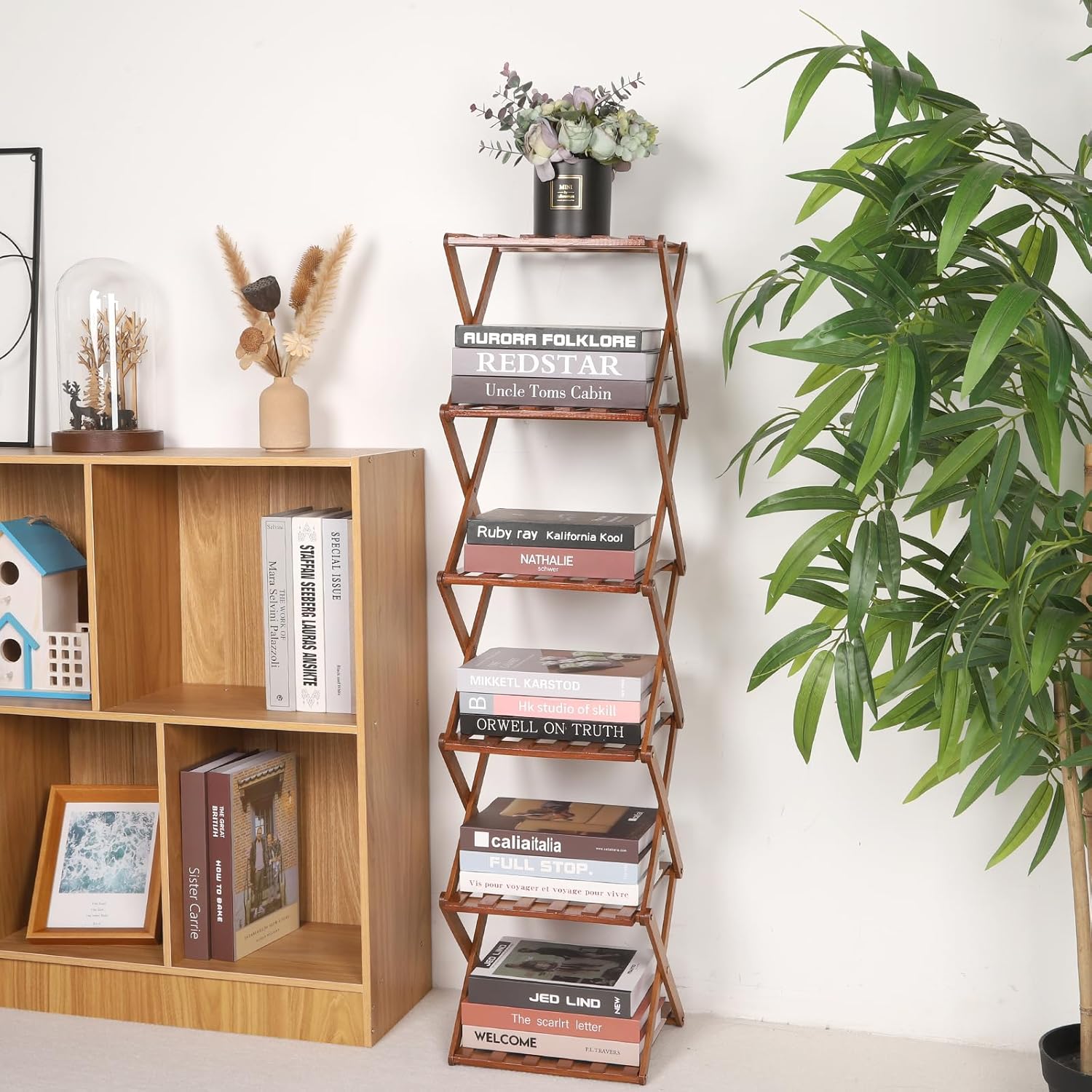 Bamboo Shoe Rack 6 Tier Foldable Shoe Rack Narrow Vertical Shoe Organizer Free Standing Shelf, Multifunctional Slim Storage for Entryway, Corner, Bedroom, Hallway, Walnut Color