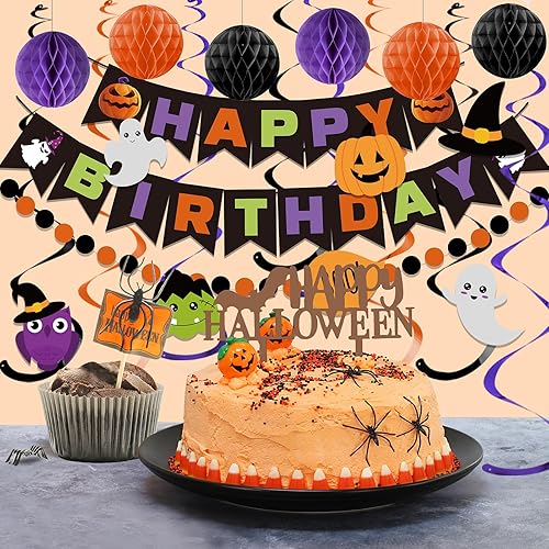 Miniatura 2 de meowtastic - Decoraciones de cumpleaños de Halloween, pancarta feliz cumpleaños con bola de panal, serpentina colgante de remolino de Halloween,